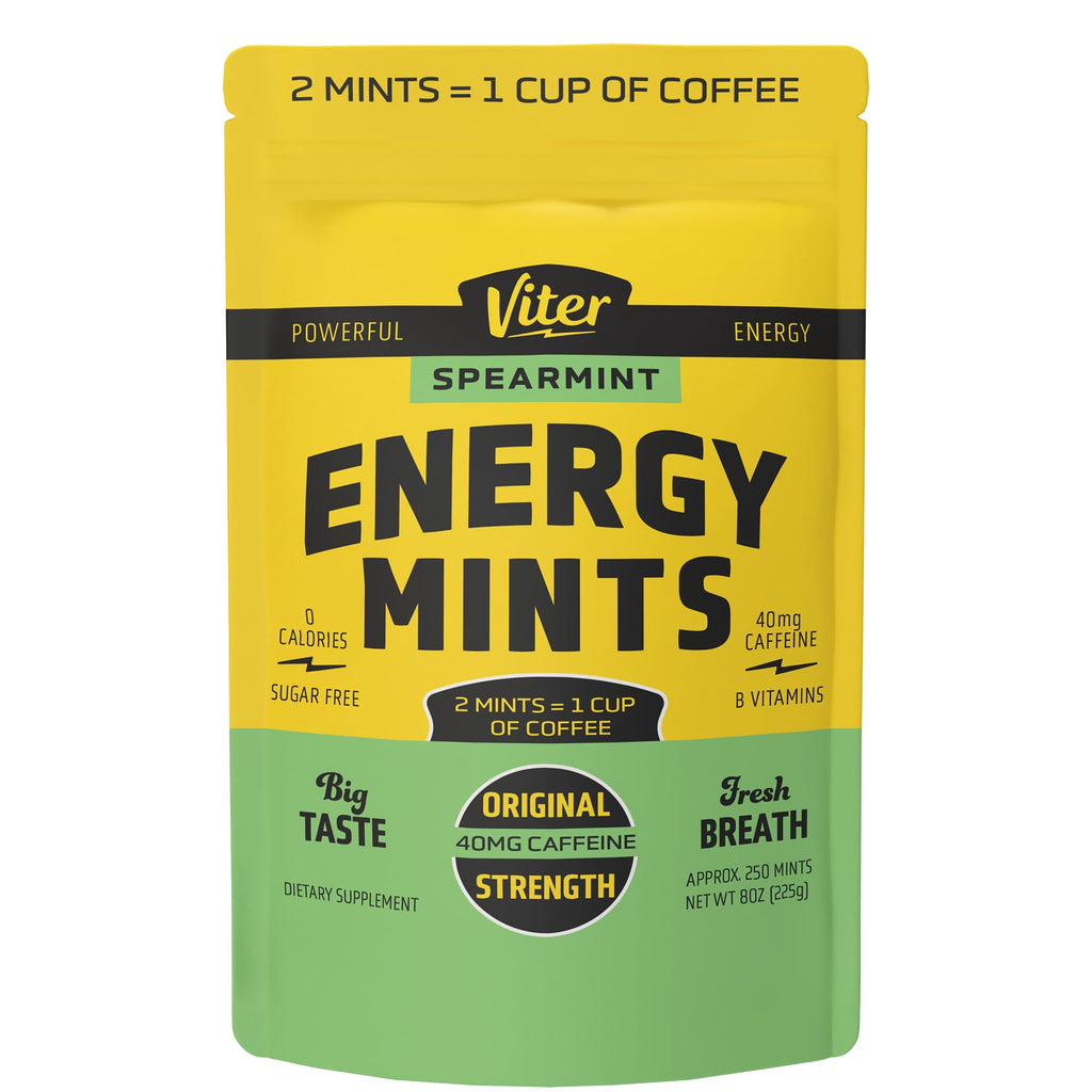 Viter Energy 40mg Caffeine Mints - Sugar Free, B Vitamins, Vegan, Boosts Fast Energized Alert Focus, Caffeinated Nootropic Supplement Pills (Spearmint Flavor, 8oz, Bulk Bag)