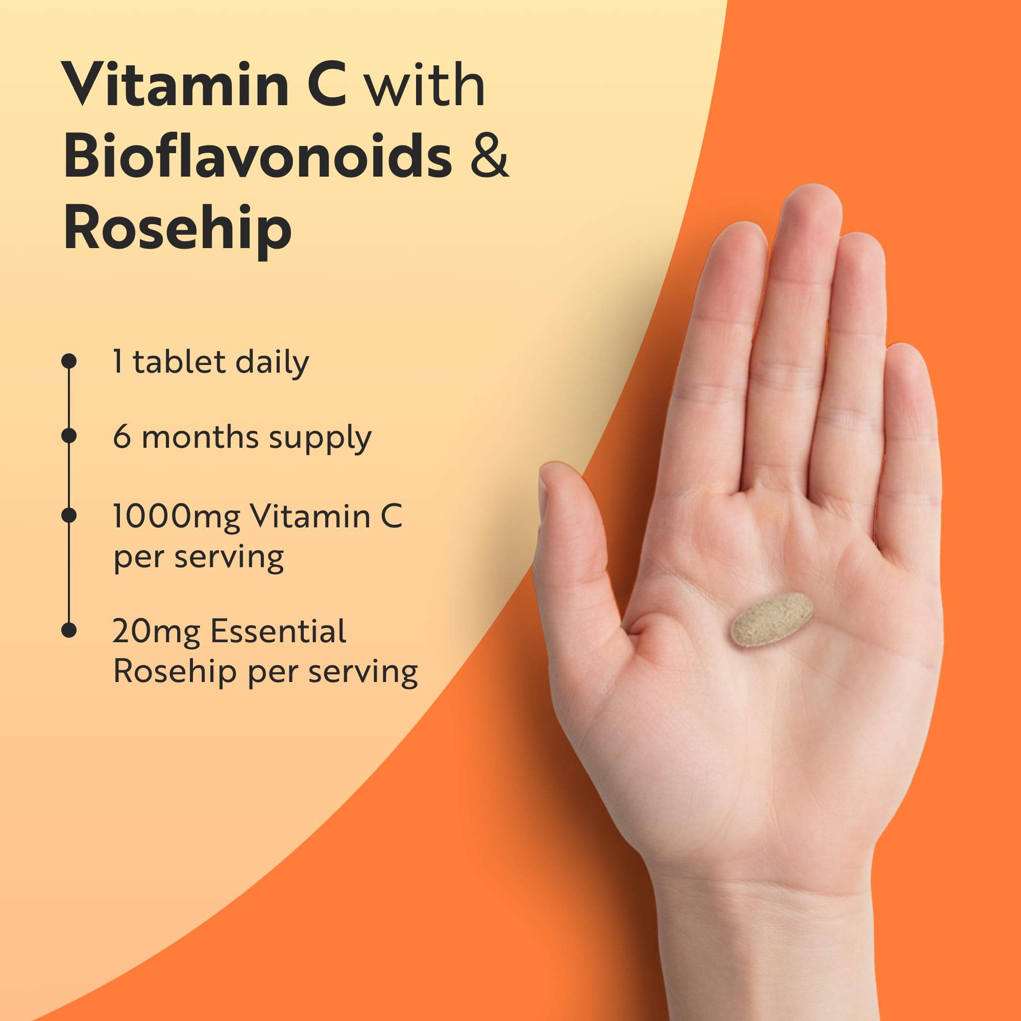 Nutravita Vitamin C 1000mg Tablets - 180 Vegan 1000mg Vitamin C Tablets not Capsules or Powder - 6 Months - High Strength Ascorbic Acid - Bioflavonoids & Rosehip - Immune Support - Made in UK