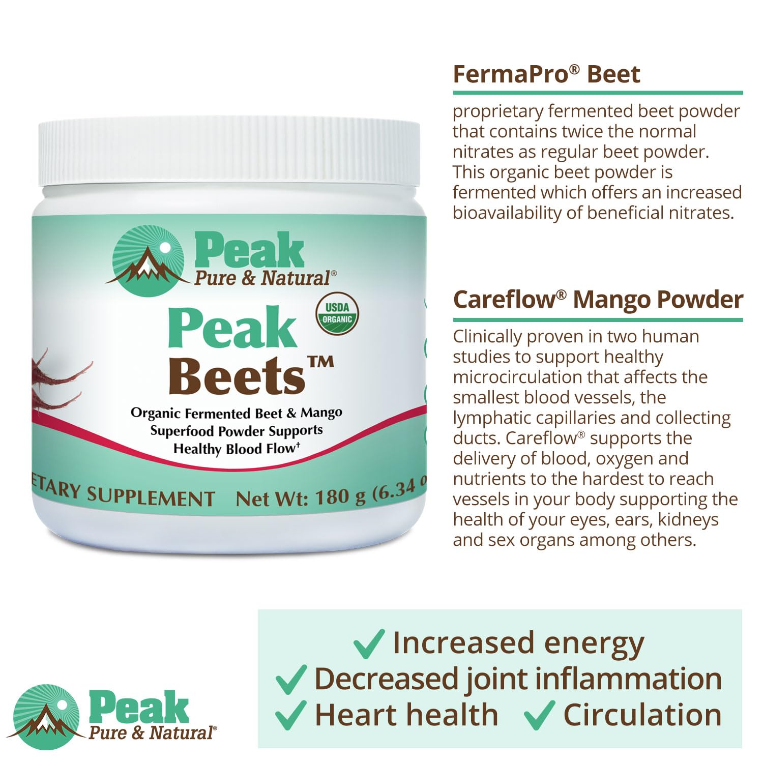 Peak Pure & Natural Peak Organic Fermented Beets - Organic Fermented Beet Powder Superfood Drink Powder - Nitric Oxide Supplement Support for Normal Blood Pressure