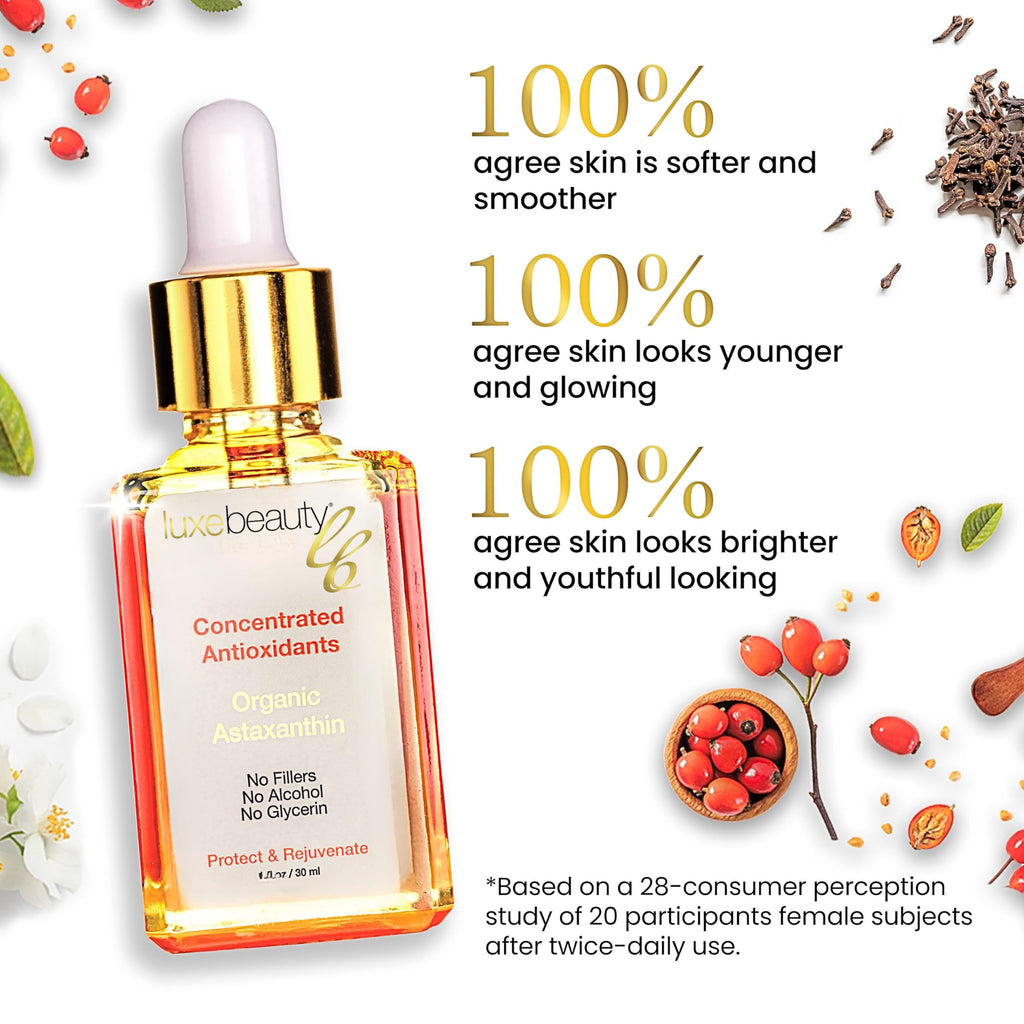 Luxe Beauty Organic Astaxanthin Serum - Concentrated Antioxidants - Also with Organic Rosehip Oil, Clove Oil, Raspberry Seed Oil, and More - Face Serum to Help Prevent Premature Skin Aging