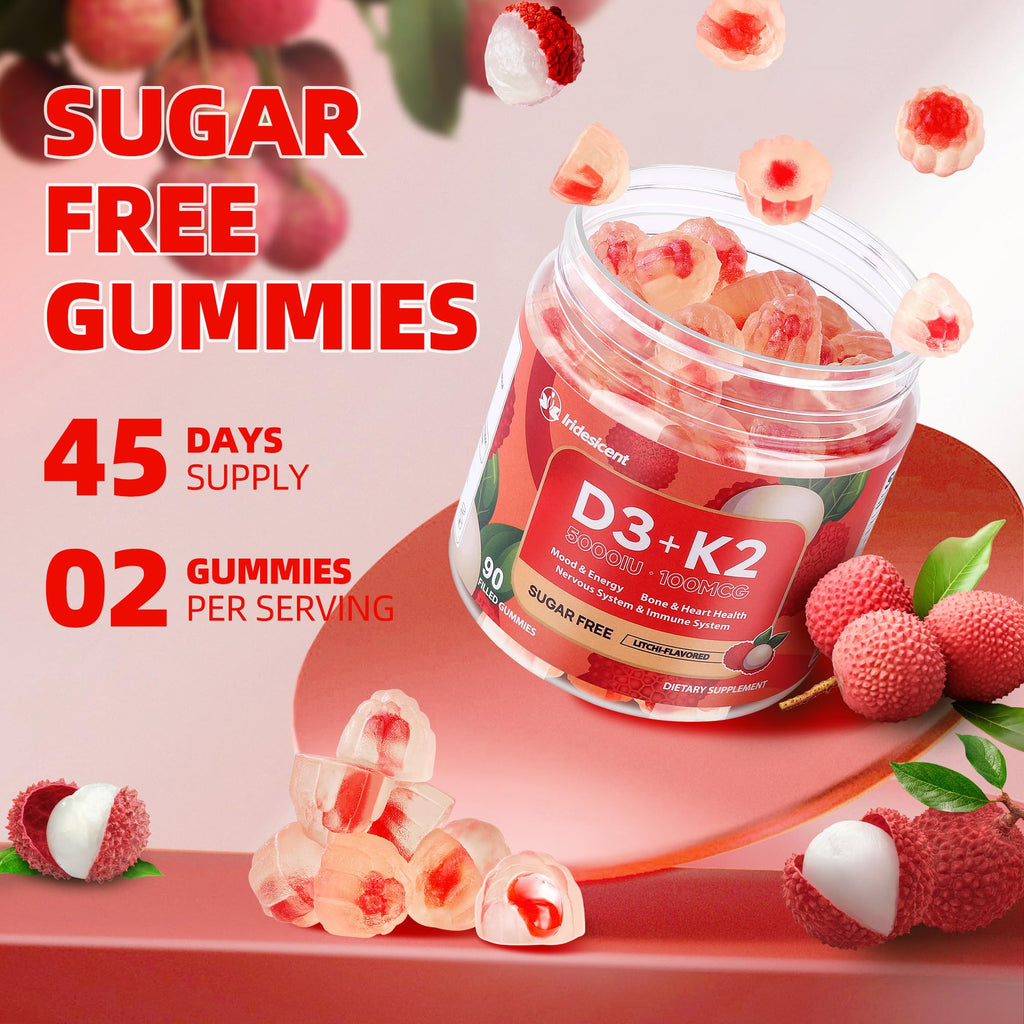 IRIDESICENT Vitamin D3 K2 Gummies Sugar Free - 90 Count | 5,000 IU Vitamin D3 + 100 mcg K2 (MK-7) | Vegan D3 K2 Supplement for Bone & Immune Health Support, Lychee Flavor