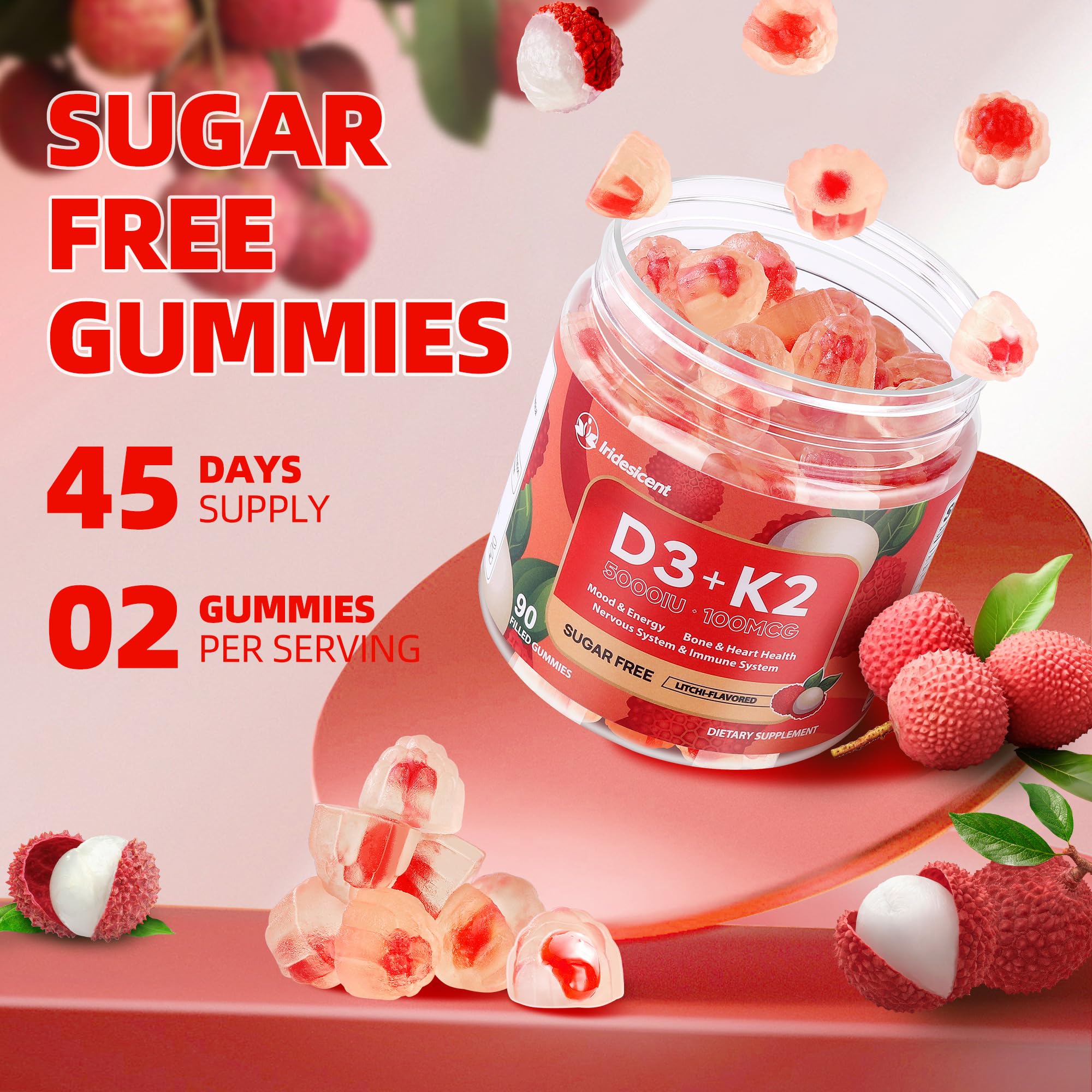 IRIDESICENT Vitamin D3 K2 Gummies Sugar Free - 90 Count | 5,000 IU Vitamin D3 + 100 mcg K2 (MK-7) | Vegan D3 K2 Supplement for Bone & Immune Health Support, Lychee Flavor