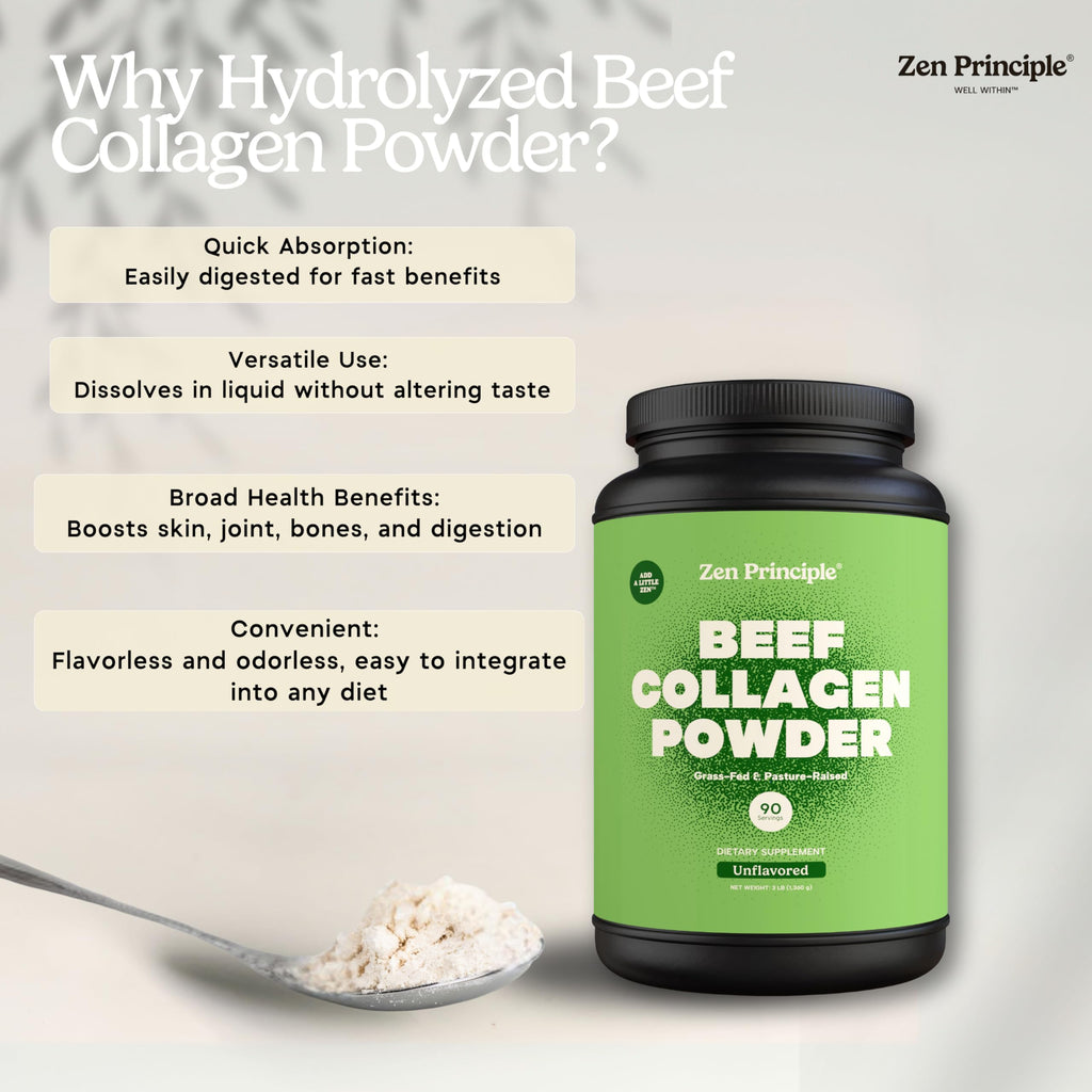 Zen Principle Grass-Fed Agglomerated Hydrolyzed Collagen Peptides 3 lb. Anti-Aging Protein for Healthy Hair, Skin & Joints. Paleo Friendly, GMO and Gluten Free, Pasture-Raised Bovine.