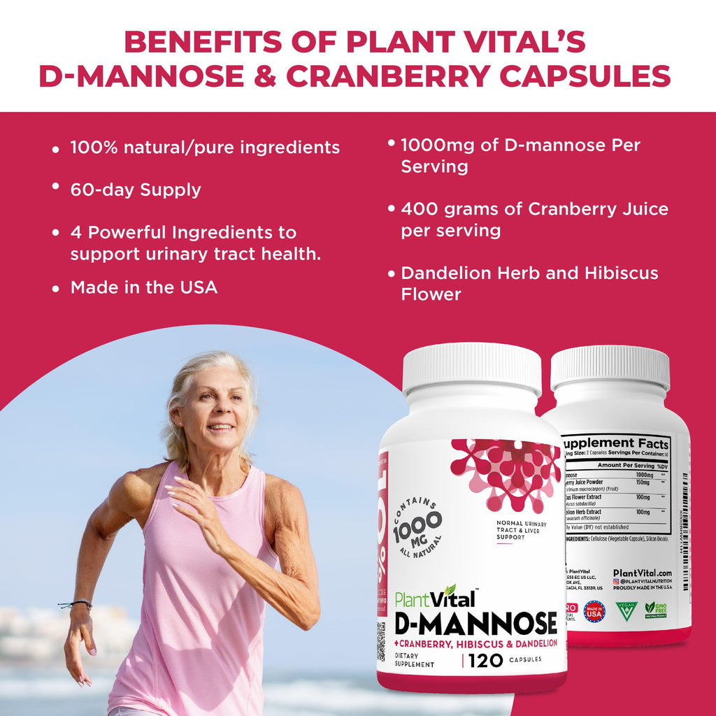 Plantvital D Mannose Capsules with Cranberry - D-mannose 1000mg per serving - High Potency for Bladder, Kidney and Urinary Tract Support - Cranberry Powder with Hibiscus and Dandelion- 2 Months Supply