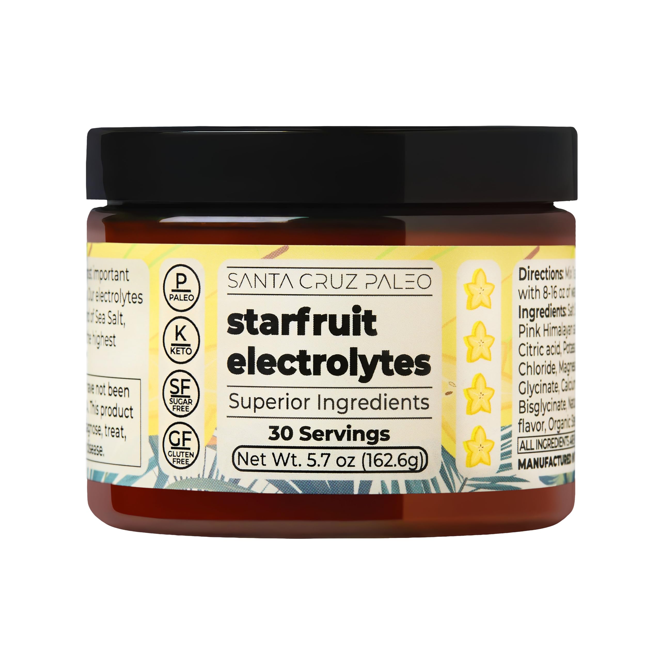 Santa Cruz Paleo Electrolyte Powder, Starfruit Flavor, Sugar Free Hydration Drink Mix with Himalayan Pink Salt, Sea Salt, Magnesium Glycinate, Potassium Chloride, Sweetened with Stevia, 30 Servings