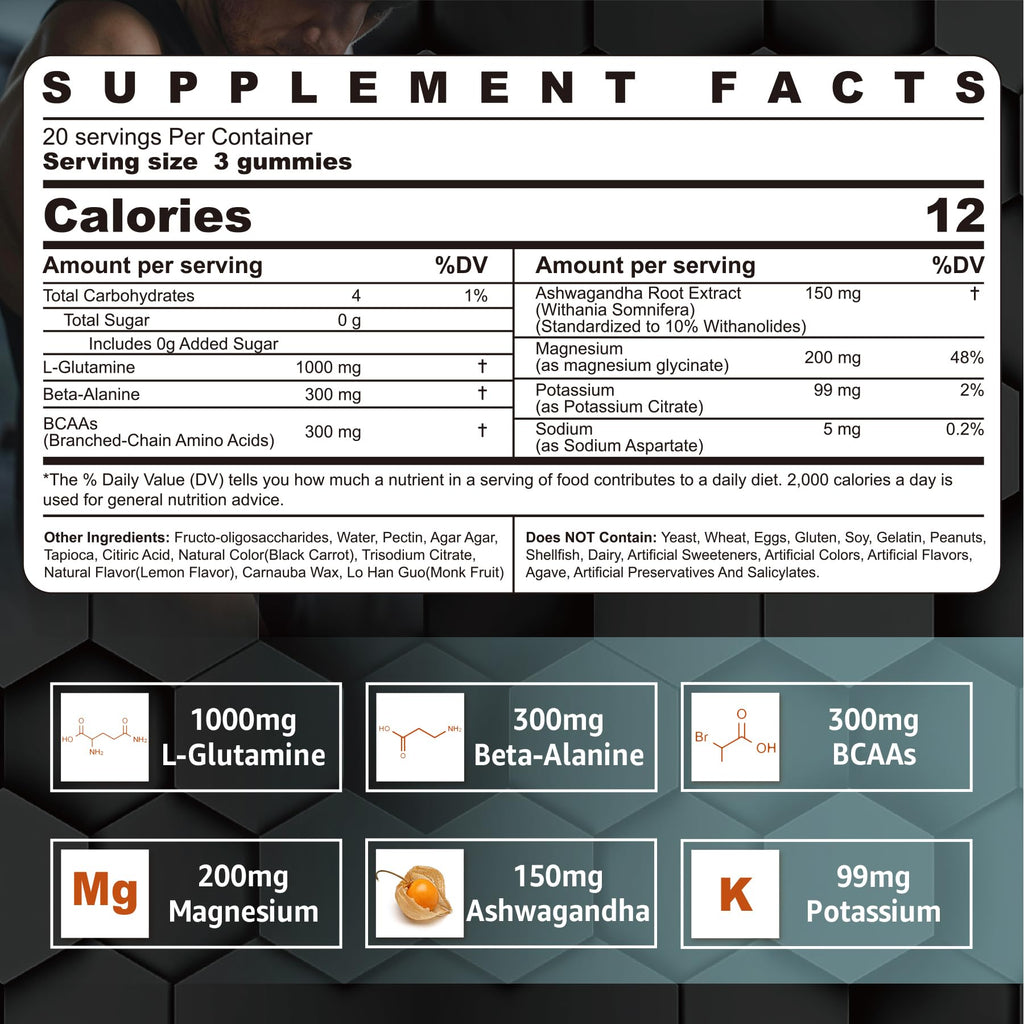 Nextdia L-Glutamine 1000mg Gummies for Women & Men| with Beta-Alanine, BCAAs, Magnesium Glycinate, Potassium & Ashwagandha | Vegan | Sugar-Free & Extra-Chewy | 120 Counts