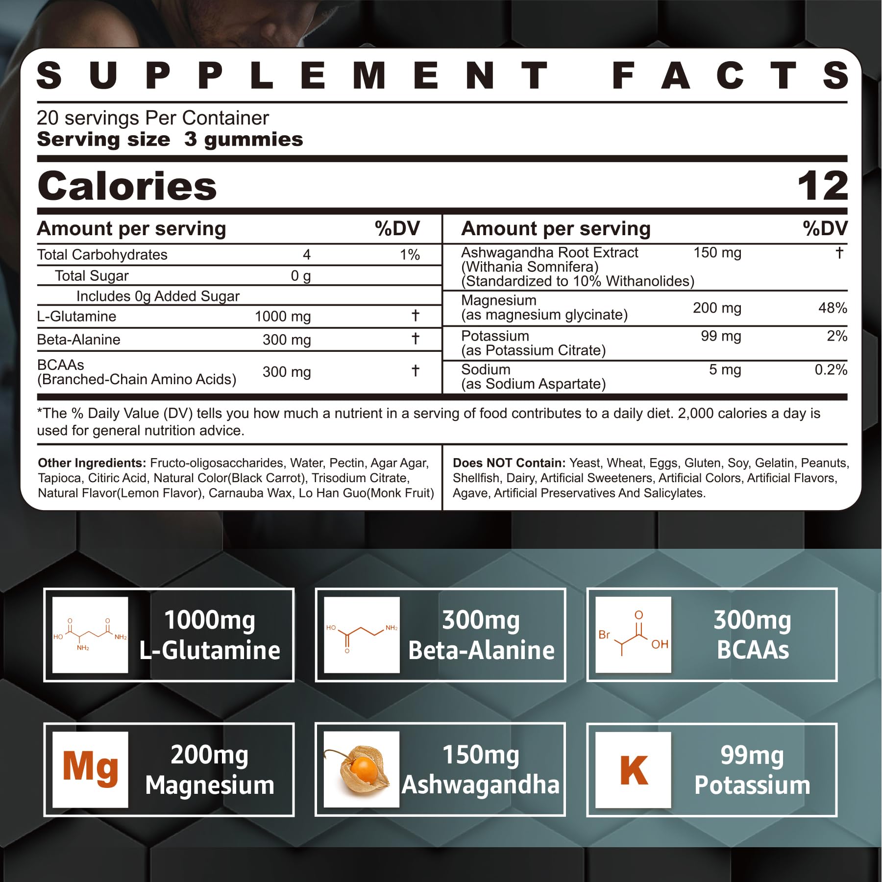 Nextdia L-Glutamine 1000mg Gummies for Women & Men| with Beta-Alanine, BCAAs, Magnesium Glycinate, Potassium & Ashwagandha | Vegan | Sugar-Free & Extra-Chewy | 120 Counts