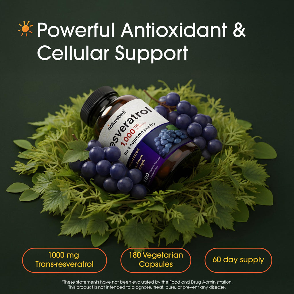NatureBell Resveratrol - 180 Vegetarian Capsules - 1,000mg Polygonum Cuspidatum Extract - Antioxidant Support - Heart, Brain & Immune Wellness*