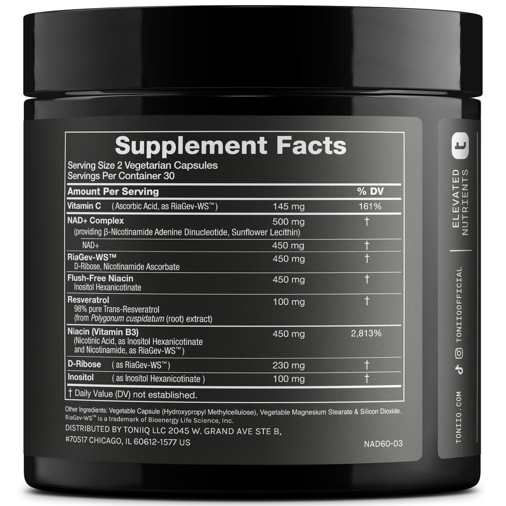 Toniiq Liposomal NAD+ and Resveratrol Supplement - 1500mg Ultra High Strength NAD Supplement - Clinically Studied Ingredients with Patented RiaGev-WS™, Resveratrol, and Niacin - 60 Capsules