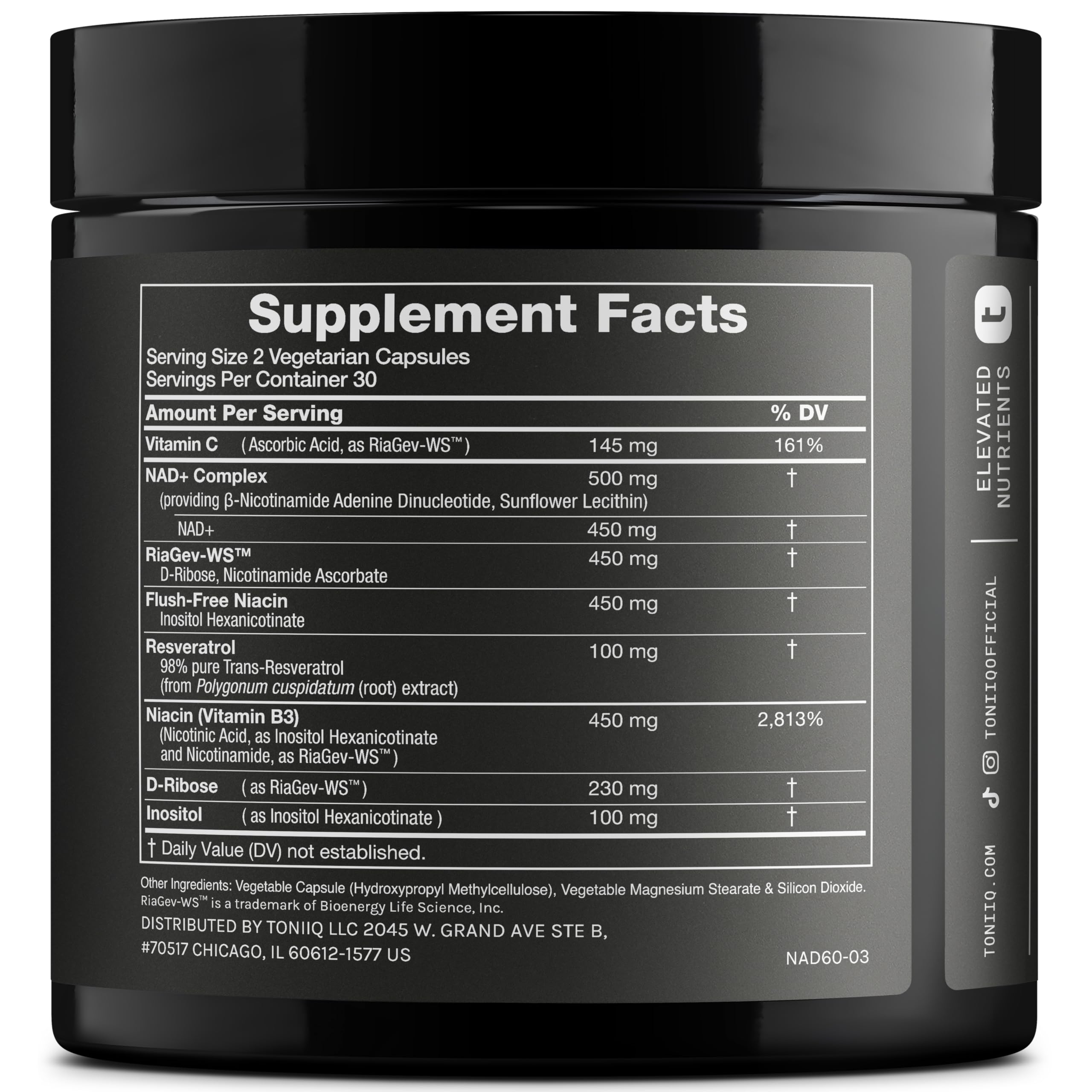 Toniiq Liposomal NAD+ and Resveratrol Supplement - 1500mg Ultra High Strength NAD Supplement - Clinically Studied Ingredients with Patented RiaGev-WS™, Resveratrol, and Niacin - 60 Capsules