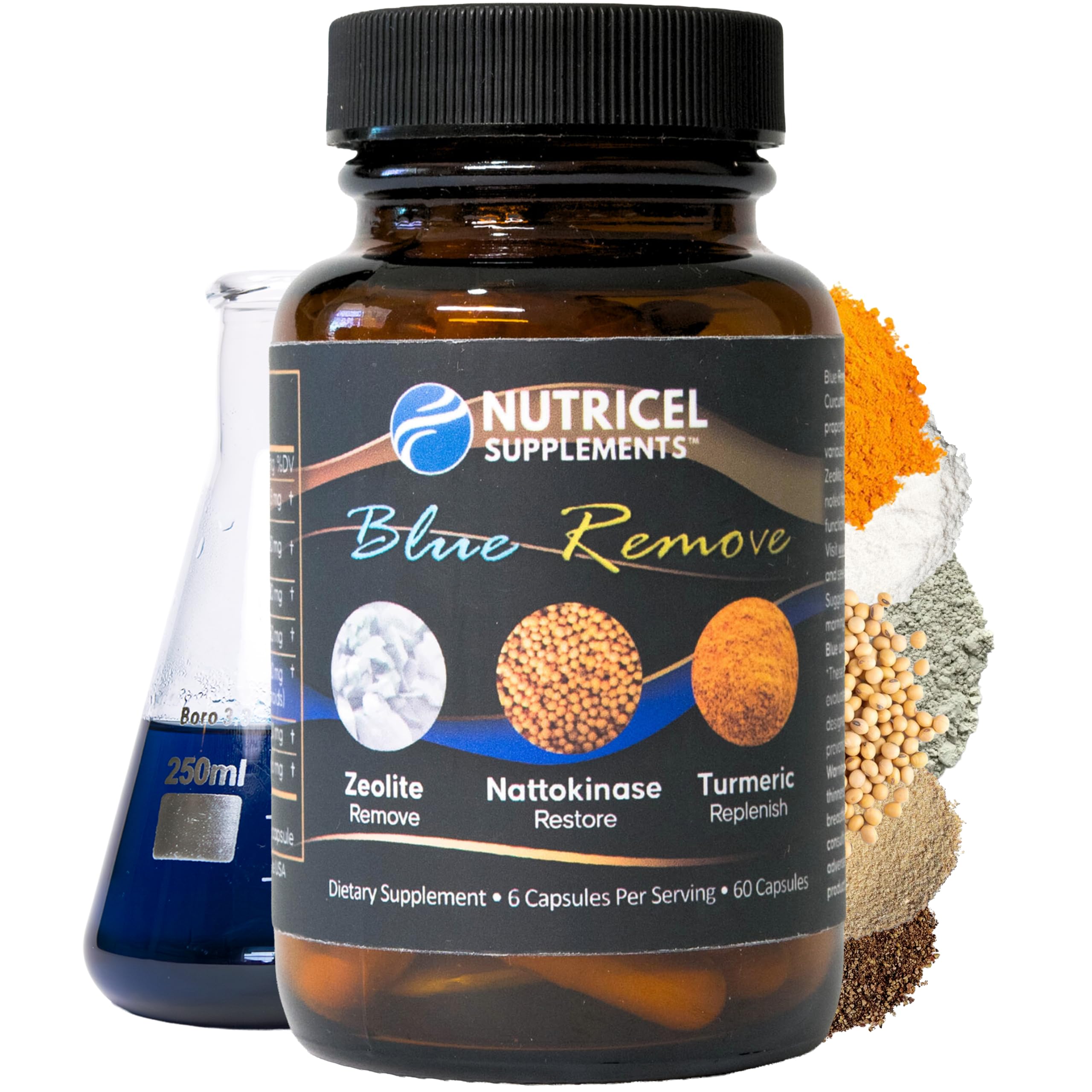 Nutricel Supplements Blue Remove - USP Grade Methylene Blue 60 Capsules with Micronized Zeolite, Nattokinase (Non-GMO), Turmeric, Bromelain, and NAC - Trusted Made in America