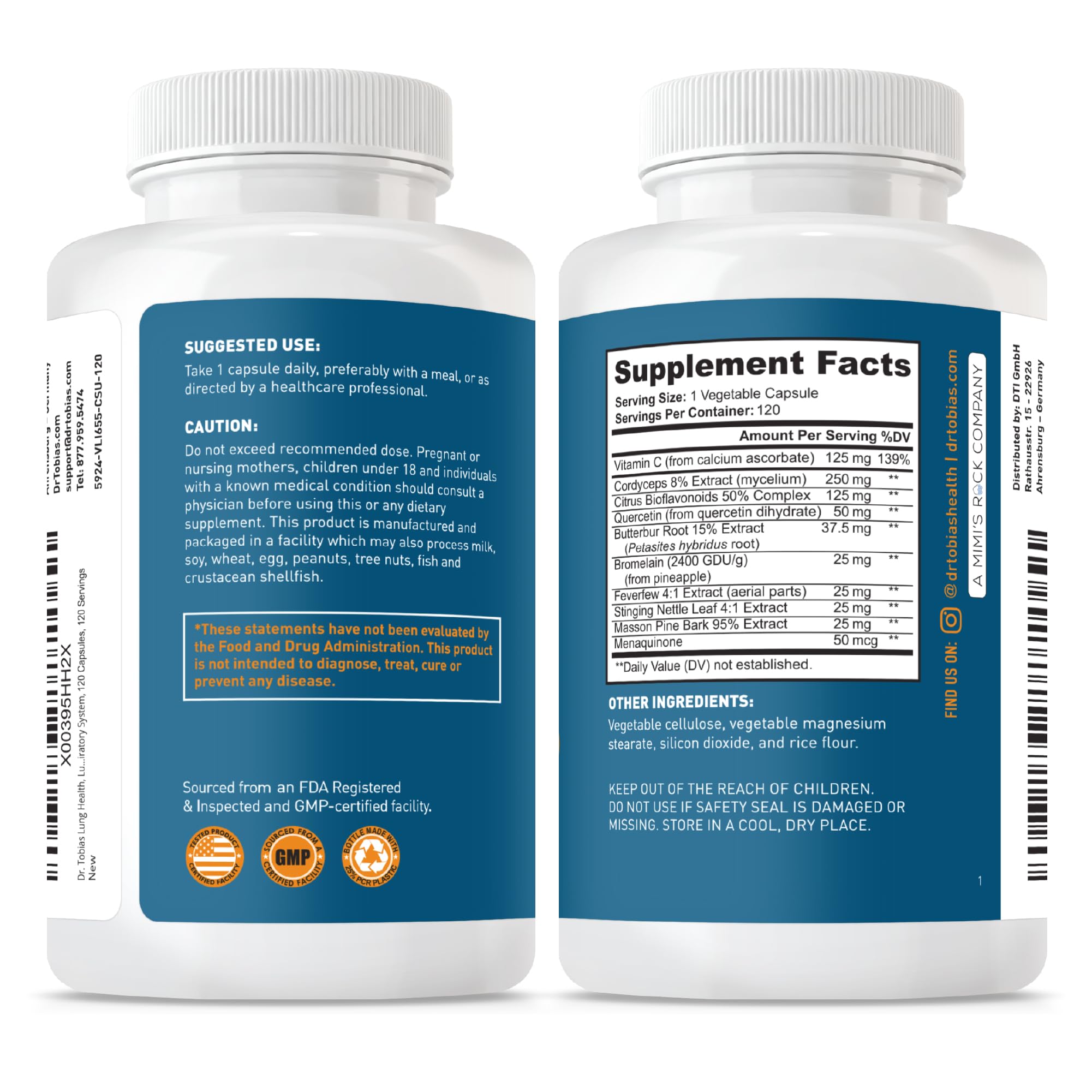 Dr. Tobias Lung Health - Lung Support Supplement with Vitamin C, Butterbur, Quercetin & Bromelain | Lung Cleanse & Detox Formula for Bronchial & Respiratory System Non-GMO (120 Capsules, 120 Servings)