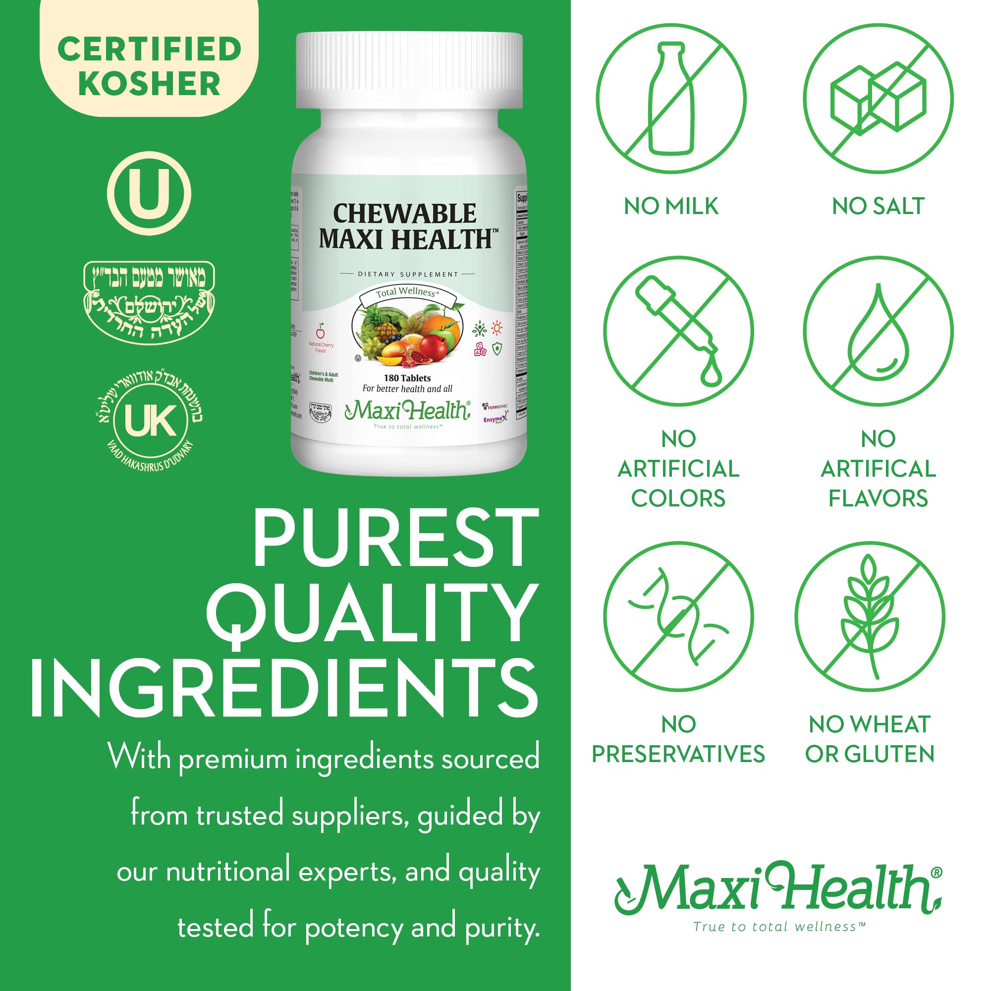 Maxi Health Chewable Multivitamin for Kids, Teens and Adults - Cherry Chewable Vitamins for Adults & Children - Kosher Kids Multivitamin + Iron (180 Tablets)