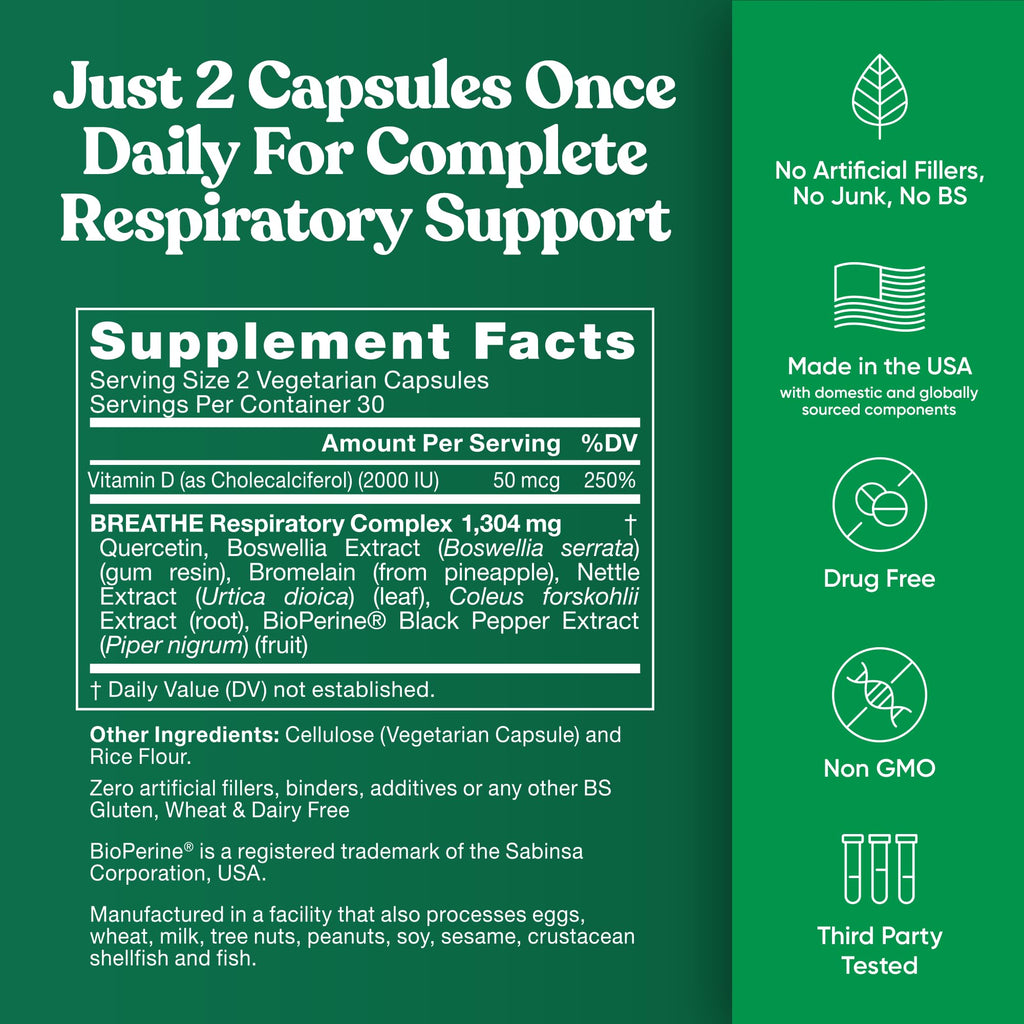 Breathe Inhaler Support Supplement - Sinus, Lungs, Open & Clear Airways - Seasonal Nasal Health, Bronchial Wellness, Healthy Chest - Quercetin, Vitamin D, Bromelain Pills - 60 Vegetarian Soft Capsules