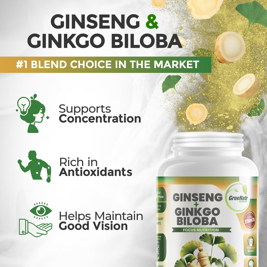 GreeNatr Ginko Biloba & Panax Ginseng Supplement - Red Ginseng Brain Supplement for Memory and Focus - Ginkgo Biloba Supplements for Good Vision, Immune System and Improved Blood Flow - 3 Bottles