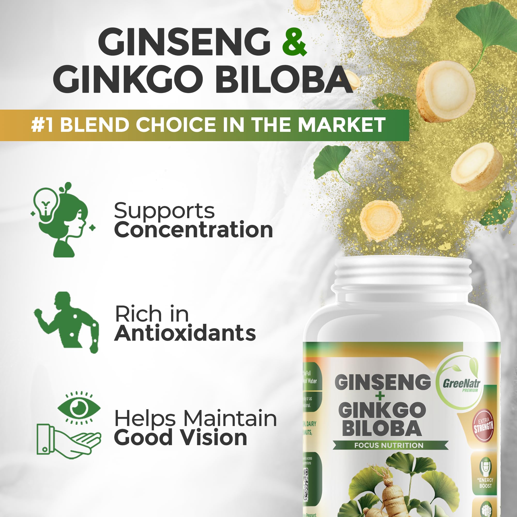 GreeNatr Ginko Biloba & Panax Ginseng Supplement - Red Ginseng Brain Supplement for Memory and Focus - Ginkgo Biloba Supplements for Good Vision, Immune System and Improved Blood Flow - 3 Bottles