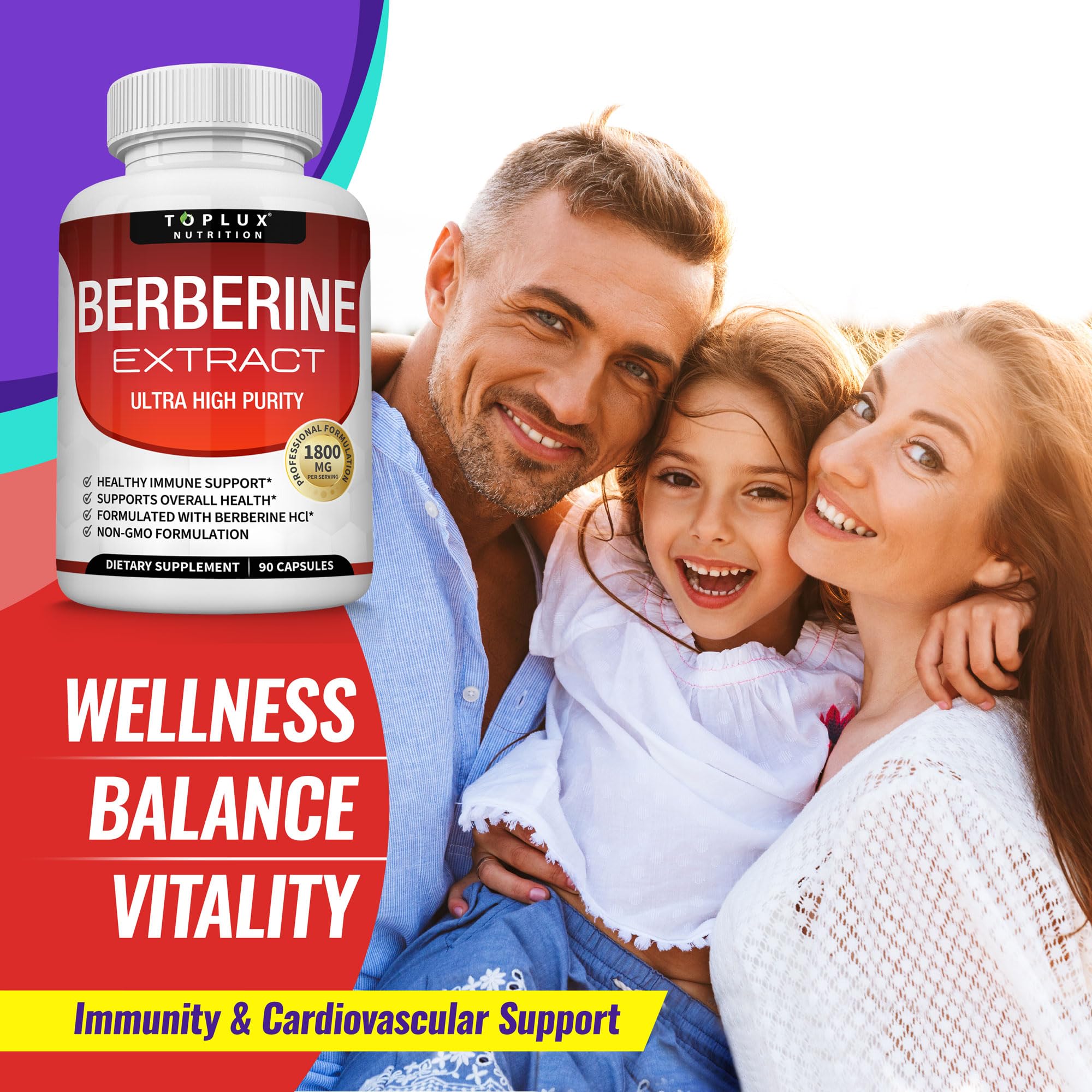 Toplux Berberine Supplement 1800mg - Berberine HCL 97% Tested Ultra High Purity Premium Berberine Extract to Support Overall Health, High Potency Berberine Plus Non-GMO Vegan Men Women, 90 Capsules