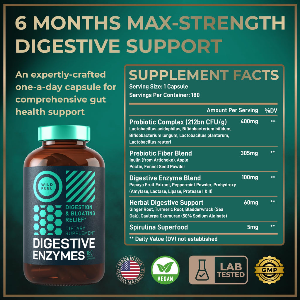Complete Digestive Enzymes for Women & Men - 800mg Vegan Digestive Enzymes and Probiotics Prebiotics - Bloating Support, Gut Health & Digestion Supplement with Artichoke, Ginger, Papaya - 180 Capsules
