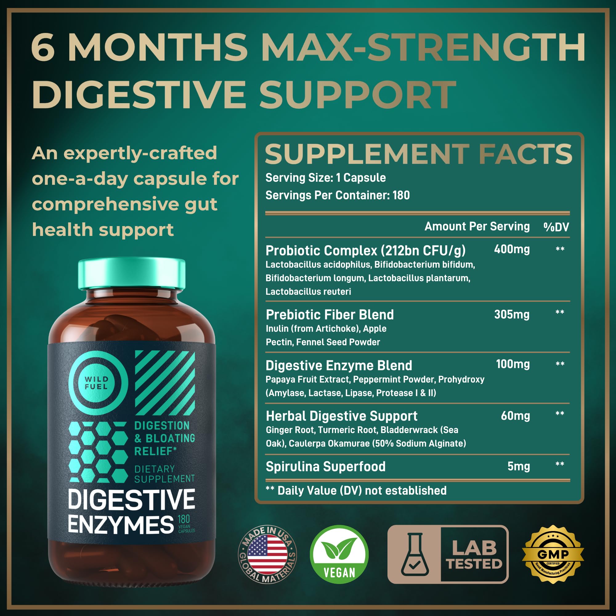 Complete Digestive Enzymes for Women & Men - 800mg Vegan Digestive Enzymes and Probiotics Prebiotics - Bloating Support, Gut Health & Digestion Supplement with Artichoke, Ginger, Papaya - 180 Capsules