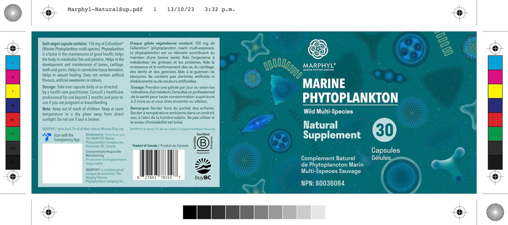 MARPHYL Marine Phytoplankton Wild Multi Species Natural Supplement - 150 mg per Capsule - Organic - 30 Vegan Capsules - from Vancouver Island, Canada
