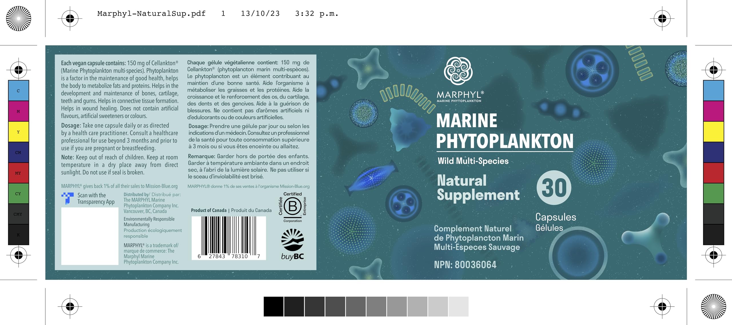 MARPHYL Marine Phytoplankton Wild Multi Species Natural Supplement - 150 mg per Capsule - Organic - 30 Vegan Capsules - from Vancouver Island, Canada