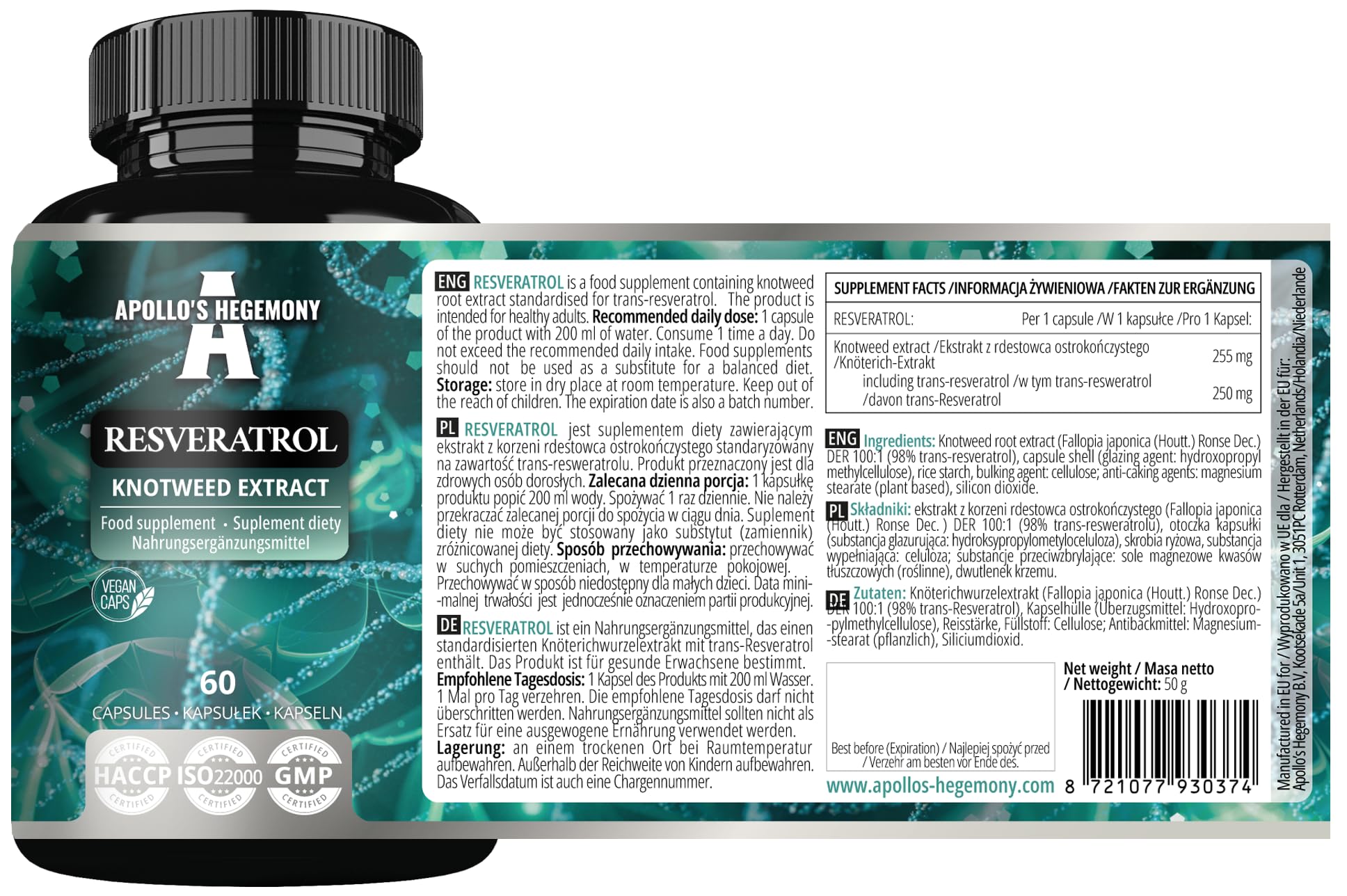APOLLO'S HEGEMONY Resveratrol High Dose 400 mg - 60 Vegan Capsules - 2 Months Supply - 98% Trans-Resveratrol from Japanese Knotweed Extract - Natural Antioxidant