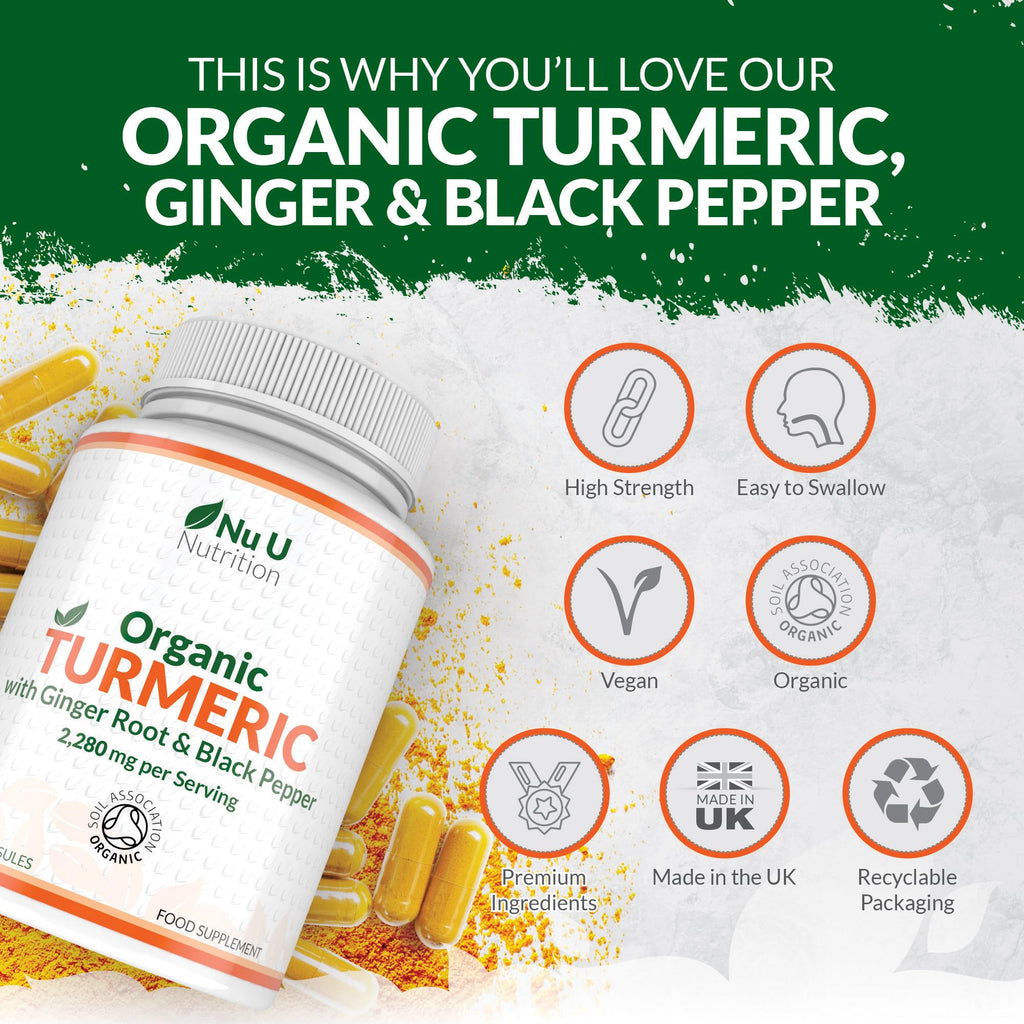 Organic Turmeric Ginger & Black Pepper 2280mg - 240 Vegan Capsules not Tablets - High Strength Tumeric Curcumin - Joints Herbal Supplement for Men and Women - Made in the UK - Nu U Nutrition