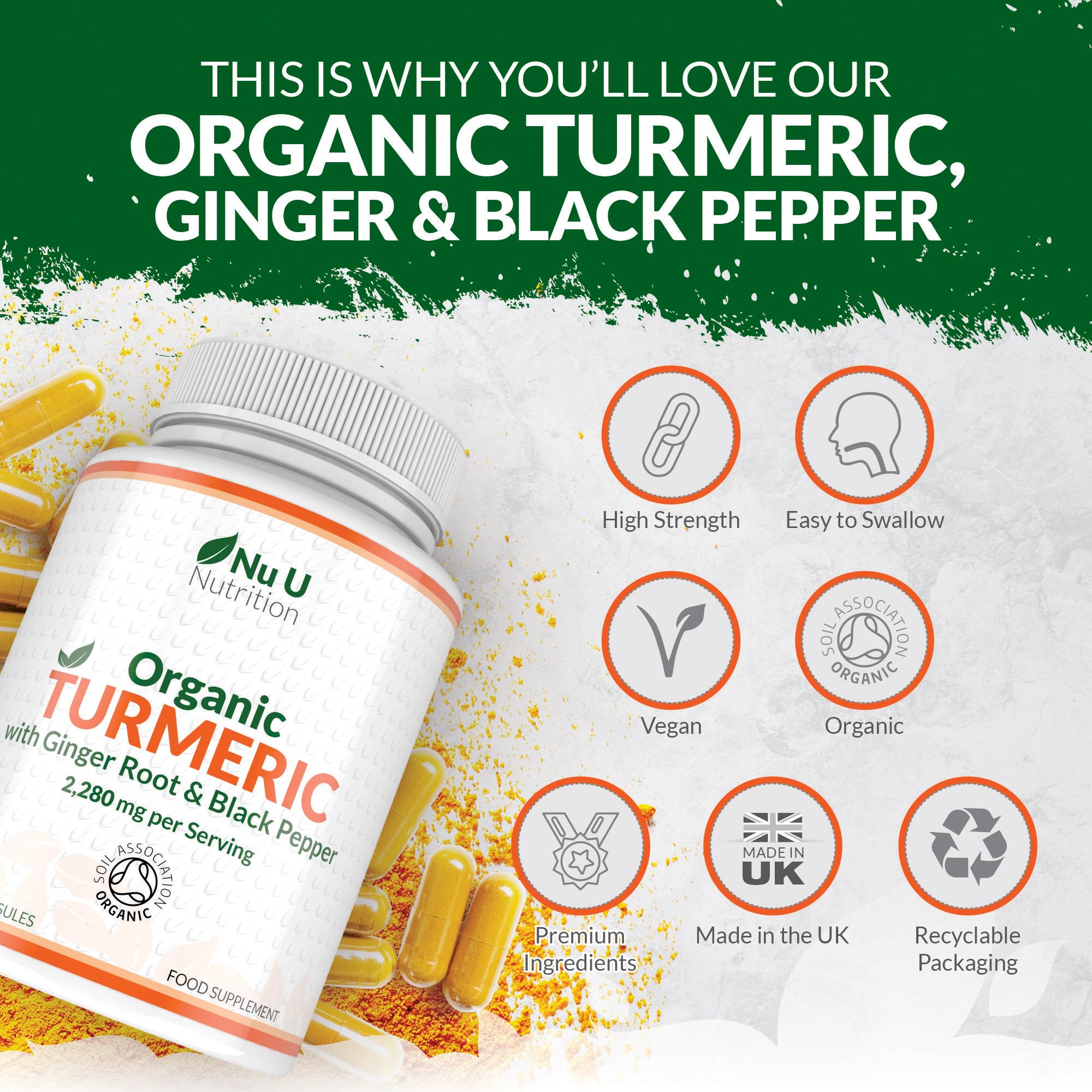 Organic Turmeric Ginger & Black Pepper 2280mg - 240 Vegan Capsules not Tablets - High Strength Tumeric Curcumin - Joints Herbal Supplement for Men and Women - Made in the UK - Nu U Nutrition