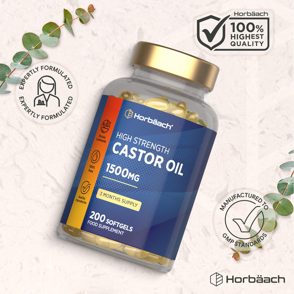 Castor Oil Capsules 1500mg | 200 Softgel Capsules | Digestive Health | Rich in Omega 6 & 9 | Pure Castor Oil Supplement | By Horbaach
