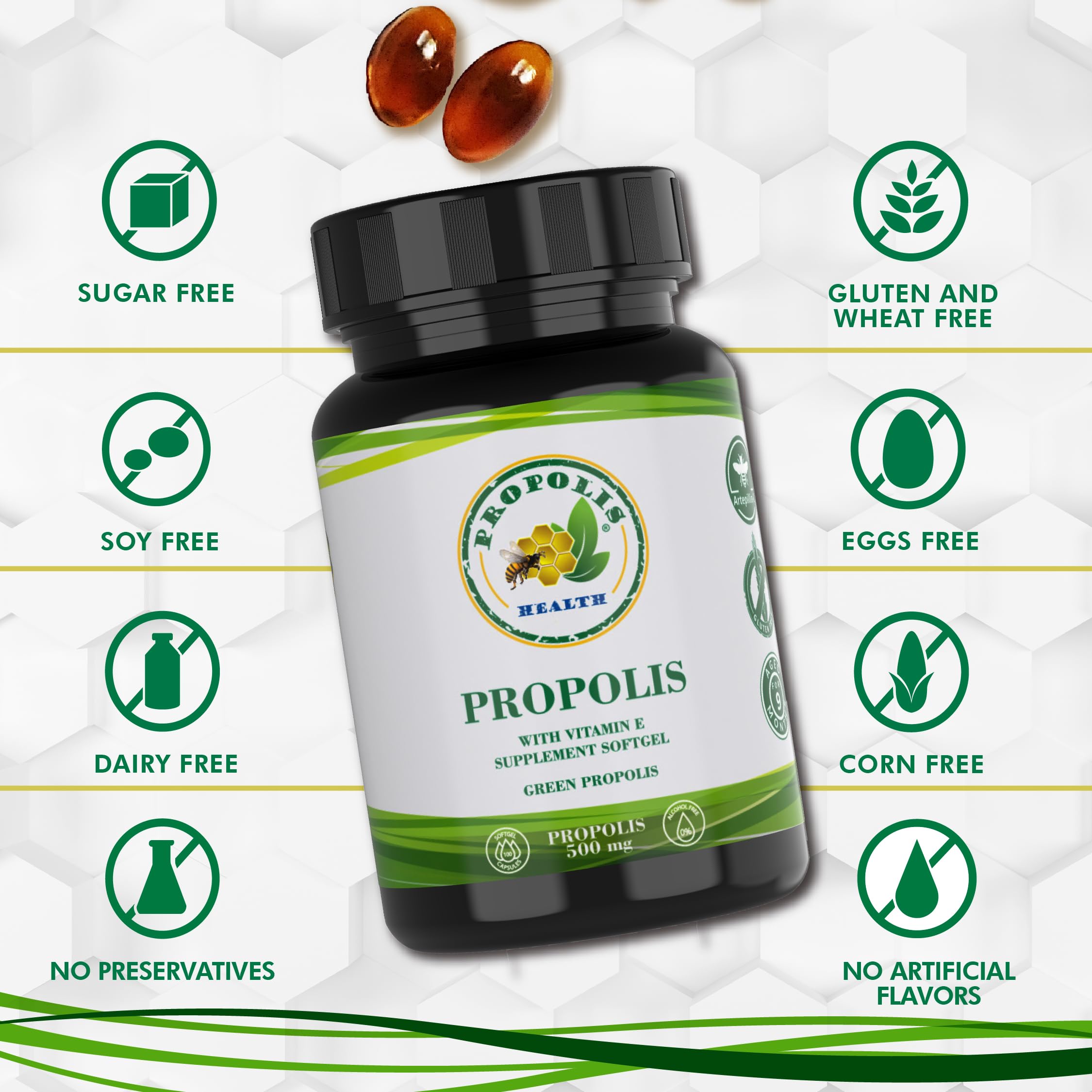 Propolis Health Propolis Capsules 1000mg-Daily with Vitamin E Per dose - Pure Brazilian Green Propolis Extract - Immune Booster 50 Days Supply -100 Capsules