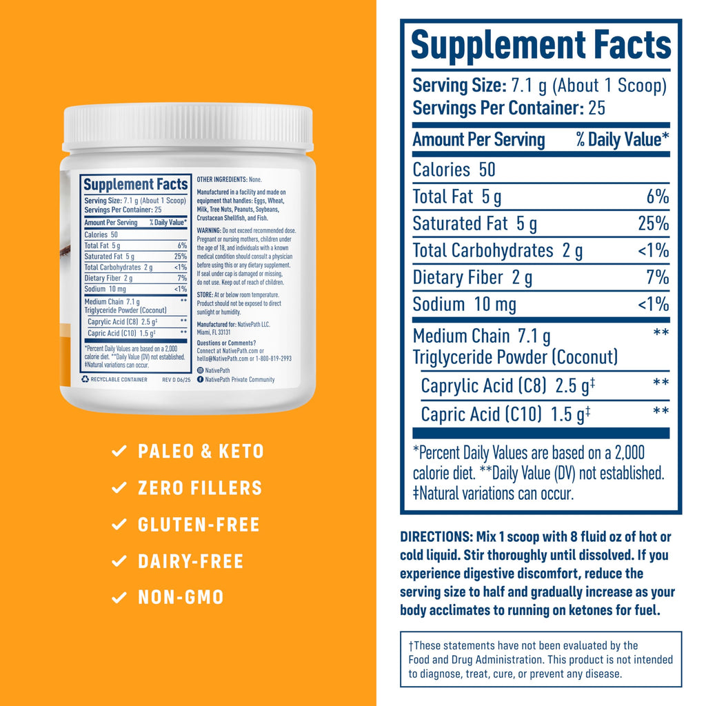 NativePath MCT Oil Powder, Keto C8 & C10, Unflavored, 25 Servings