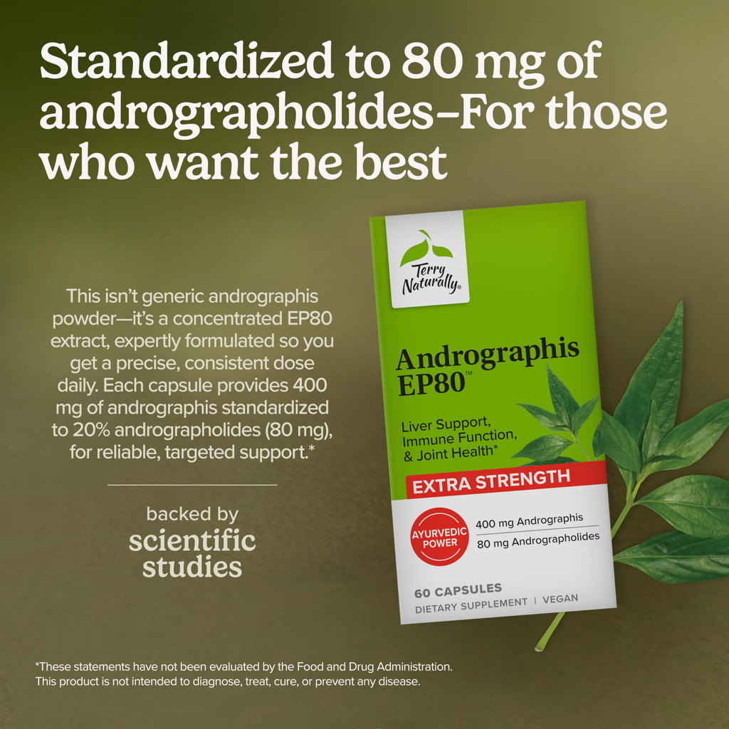 Terry Naturally Andrographis EP80 Extra Strength - Brain Health & Immune Support - Joint Health Supplement to Aid Mobility - Vegan Adaptogen Supplement for Energy & Liver Support - 60 Capsules