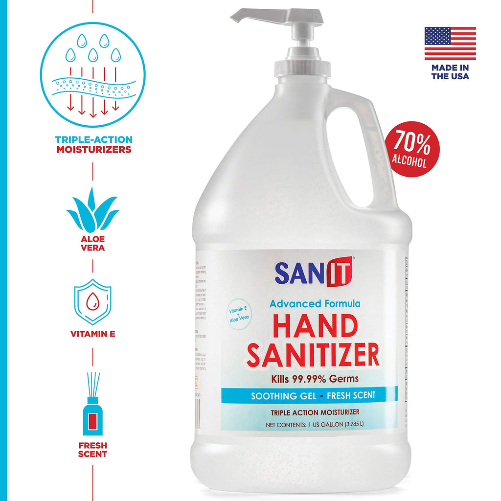 Sanit Moisturizing Hand Sanitizer Gel 70% Alcohol - Kills 99.99% Germs, Advanced Formula with Vitamin E and Aloe Vera - Soothing Gel, Fresh Scent, Made in USA - 1 Gallon with Pump & 2oz Refill Bottle