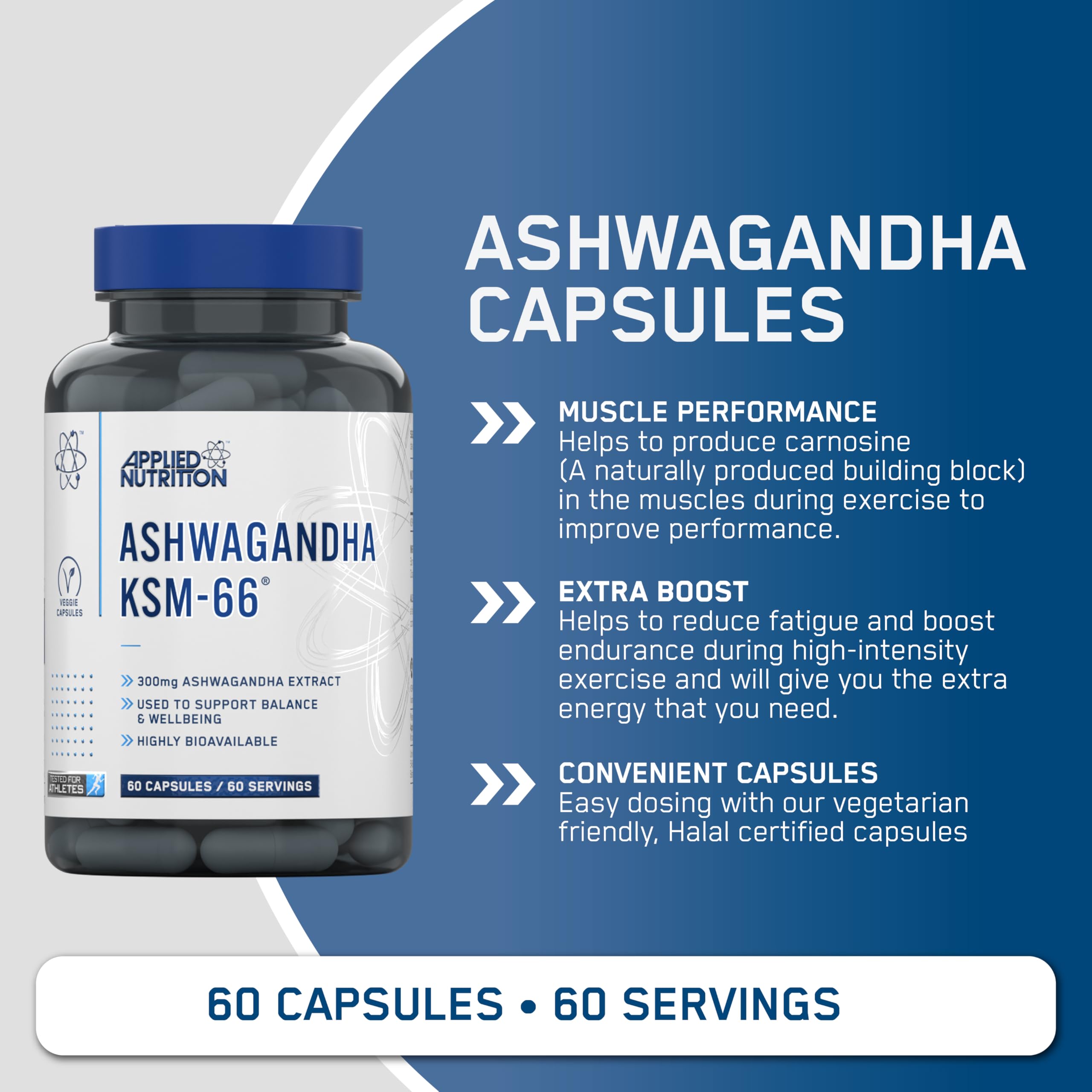 Applied Nutrition Ashwagandha KSM-66 - Premium Ashwagandha Herbal Supplement for Energy, Anxiety, Stress, Made in The UK (60 Capsules)
