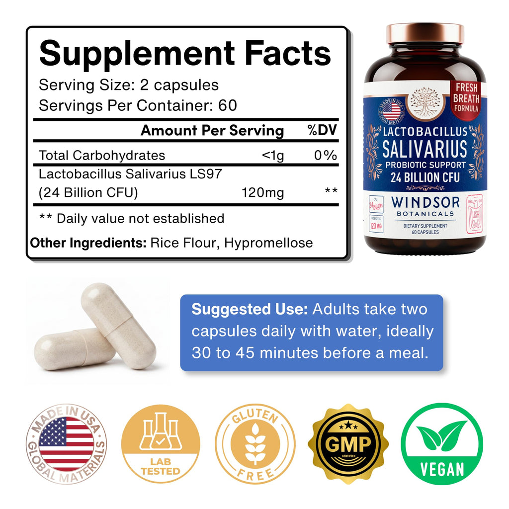 Lactobacillus Salivarius Probiotic - 24bn CFU L Salivarius Dental Probiotics for Teeth and Gums - Bad Breath Treatment for Adults, Immune Support, Digestive Health - 60 Oral Probiotic Capsules