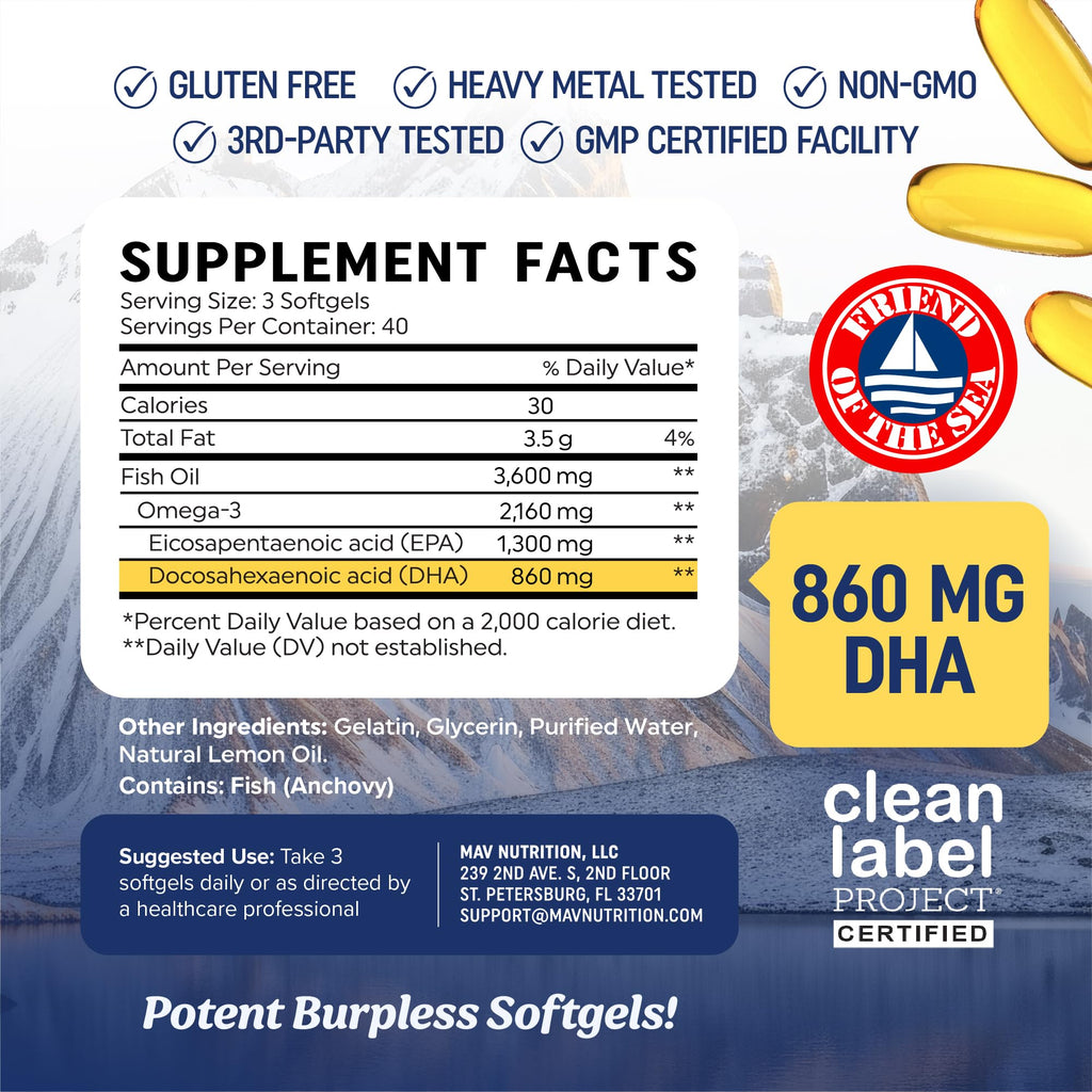 Triple Strength DHA Omega 3 Fish Oil 3600 mg | Over 2100mg Omega-3 Fatty Acids with 860mg of DHA | 1300mg EPA | Best Essential Fatty Acids | Premium Wild Caught & Burpless Fish Oil | 180 Softgels