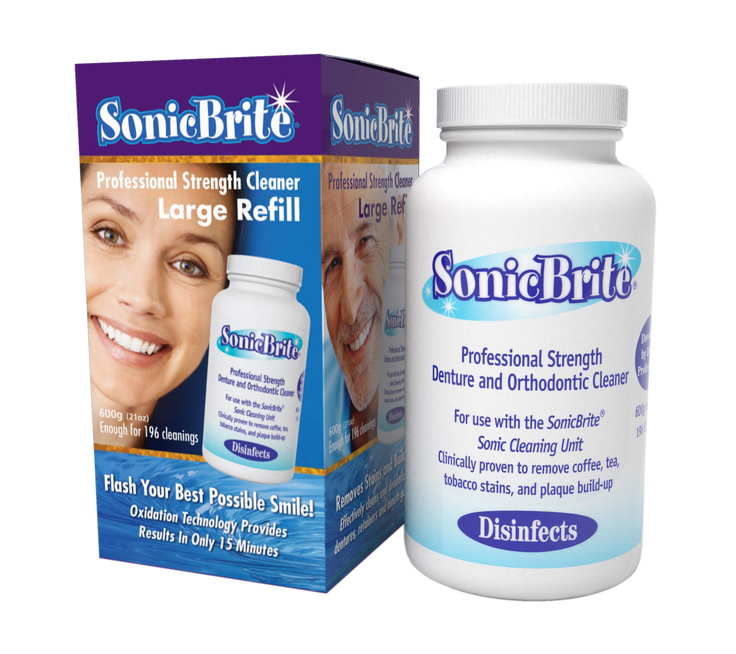 SonicBrite Professional Strength Dental Appliance Cleaning Powder 21 oz | Retainer, Aligner, Mouth Guard & Denture Cleaner eliminates stains and odor causing buildups (1 - Count)