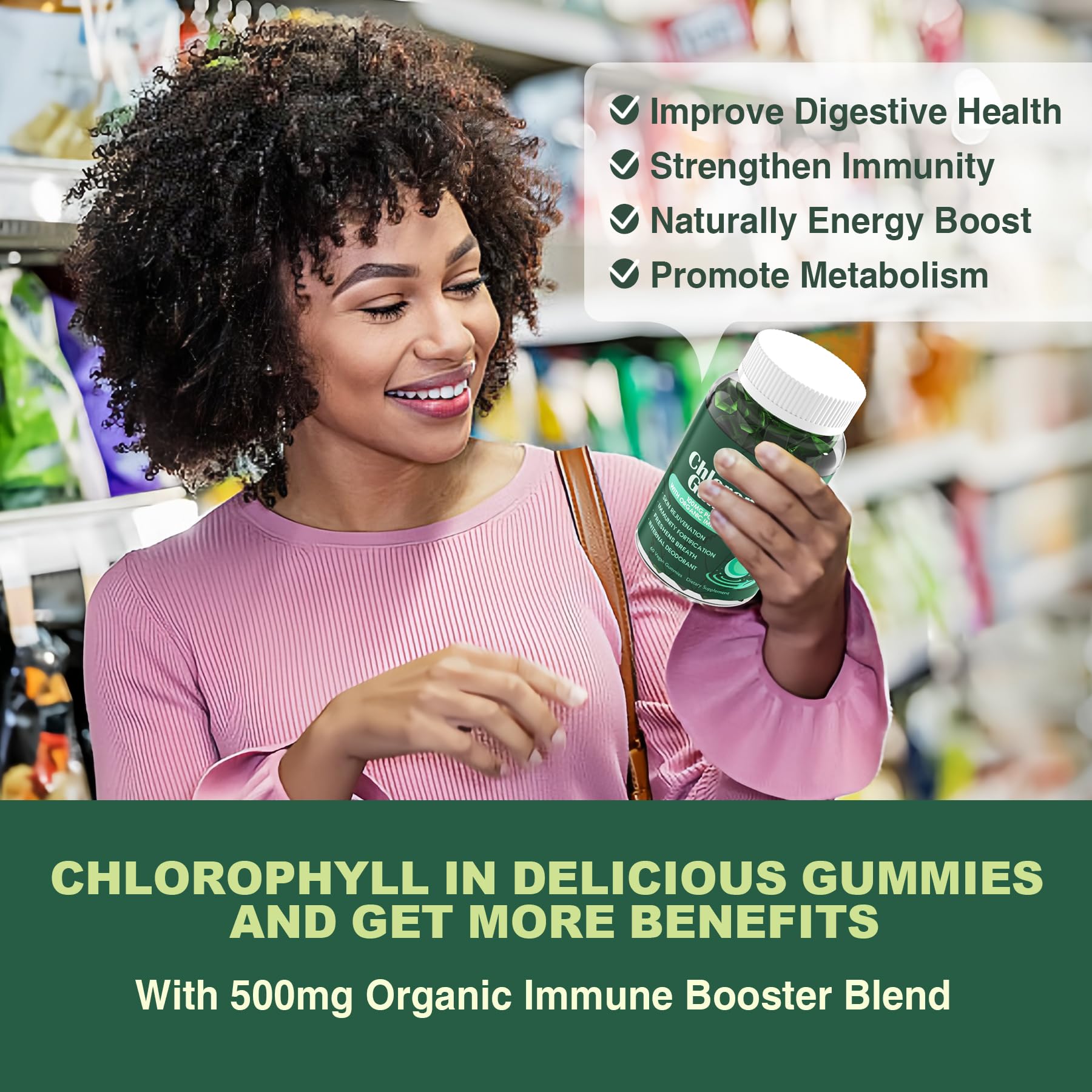 Chlorophyll Gummies - Super Green with Wheat Grass, Sea Moss, Unfiltered ACV & Elderberry, Echinacea, Zinc Complex & Vitamin D3, C, E, B12 for Natural Deodorant, Immune & Digestion Support, Pack of 2
