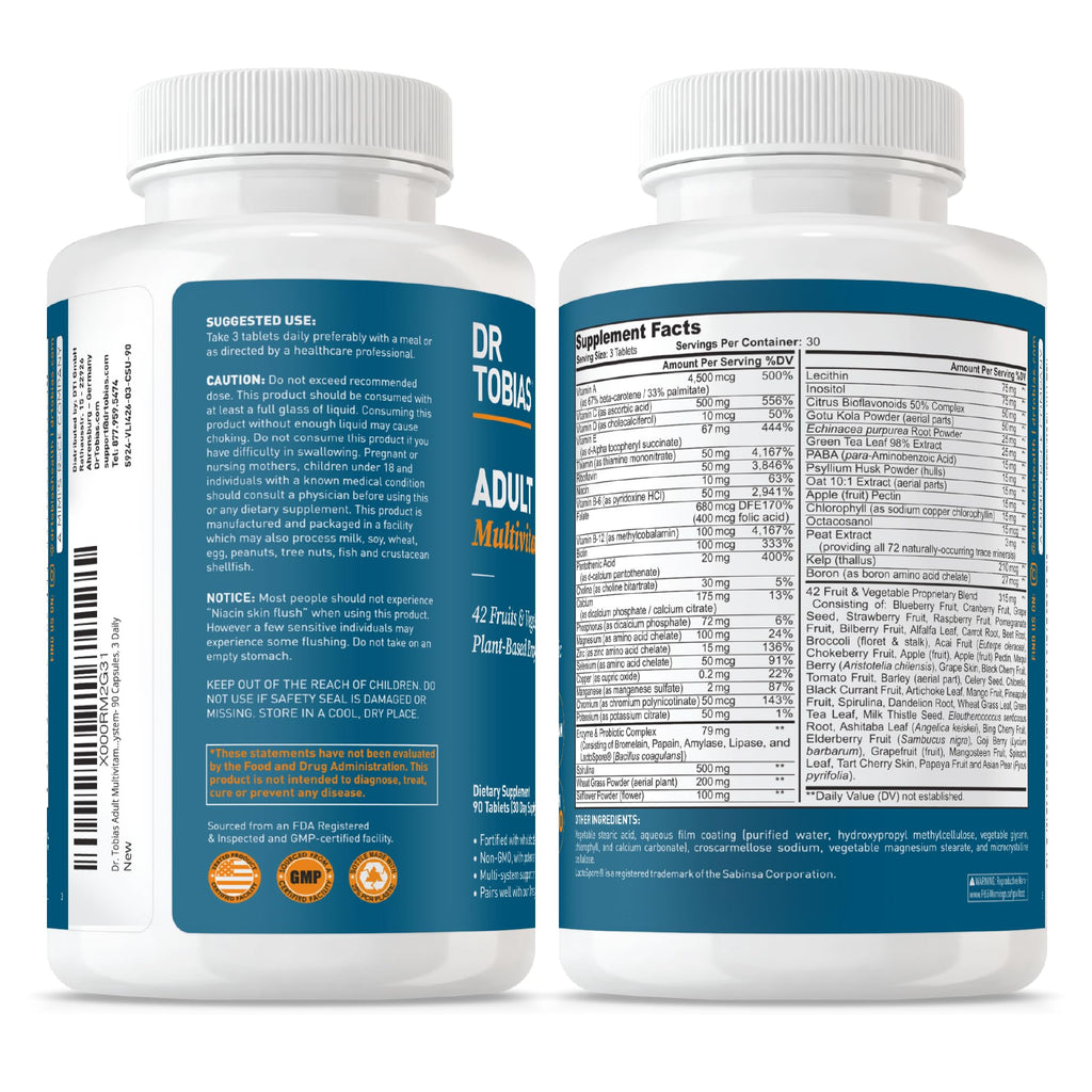 Dr. Tobias Adult Multivitamin for Women & Men - Immune Supporting Vitamins from 42 Fruits, Vegetables, Plus Probiotics, Vegan Multivitamins for Men & Women - Non-GMO (90 Tablets, 30 Servings)