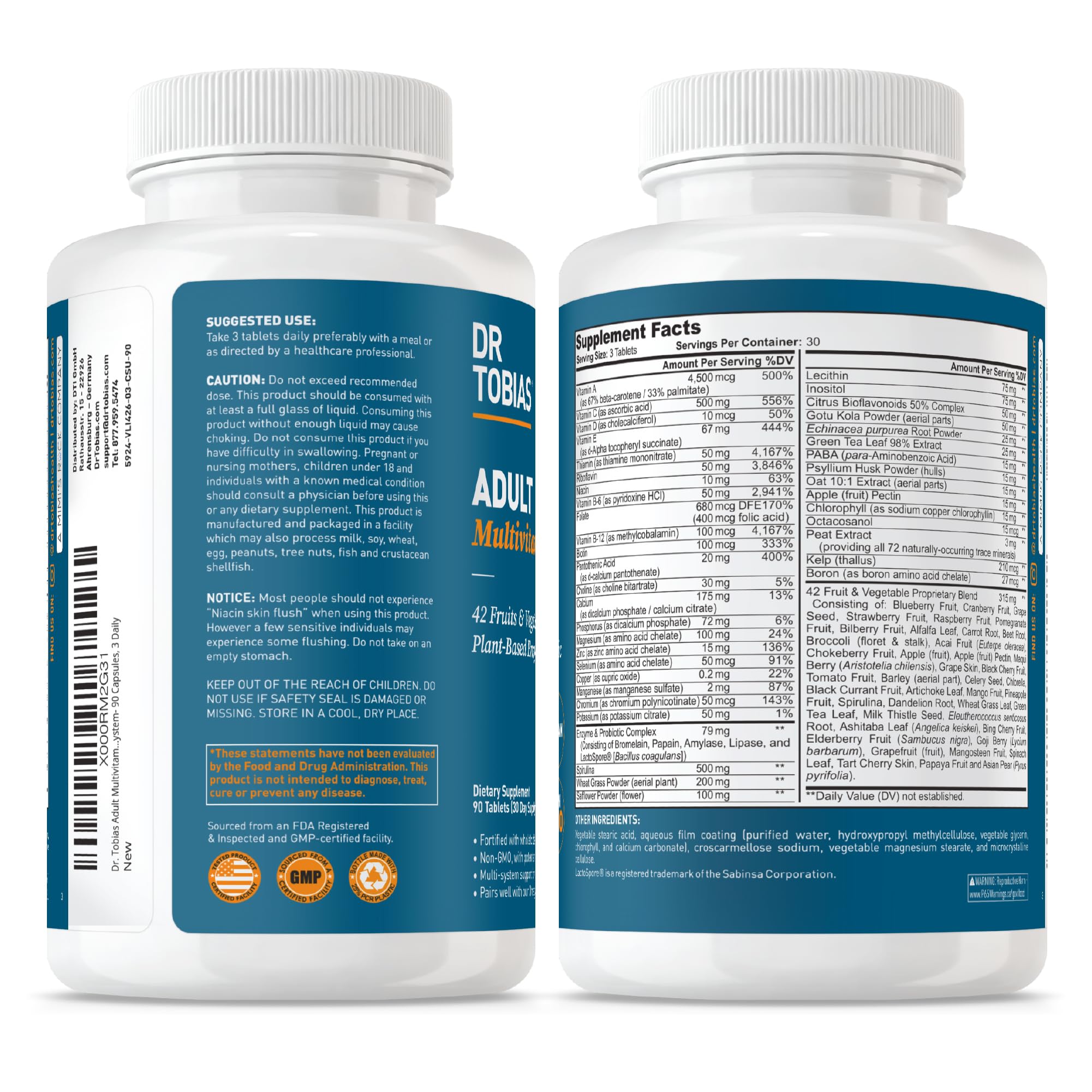 Dr. Tobias Adult Multivitamin for Women & Men - Immune Supporting Vitamins from 42 Fruits, Vegetables, Plus Probiotics, Vegan Multivitamins for Men & Women - Non-GMO (90 Tablets, 30 Servings)
