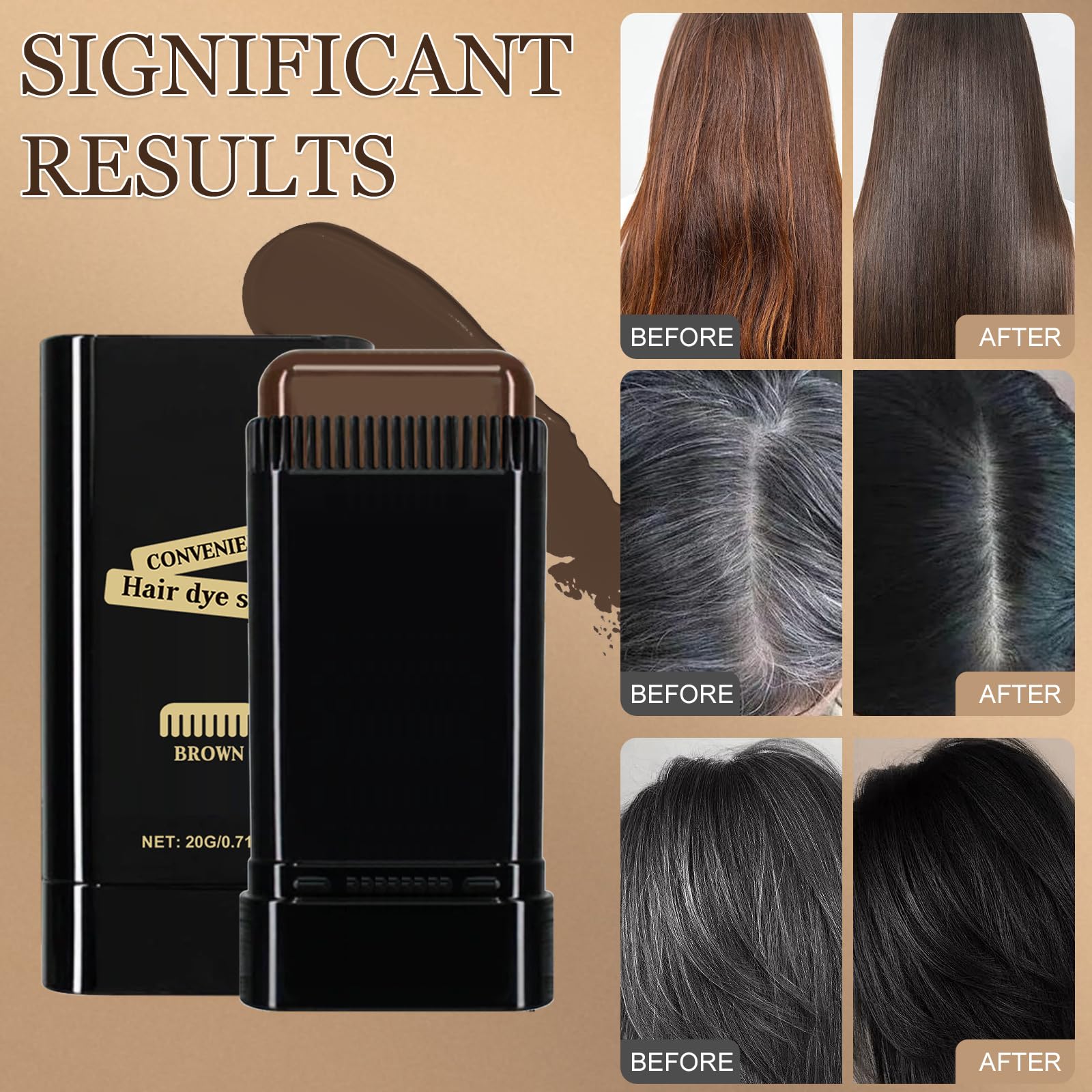 Hair Dye Comb, 2-in-1 Instant Hair Colour Stick with Built-In Comb, Waterproof & Sweat-proof, Portable Grey Hair Cover Up, Root Touch Up Dye Hair Concealer for Women & Men (Dark Brwon)
