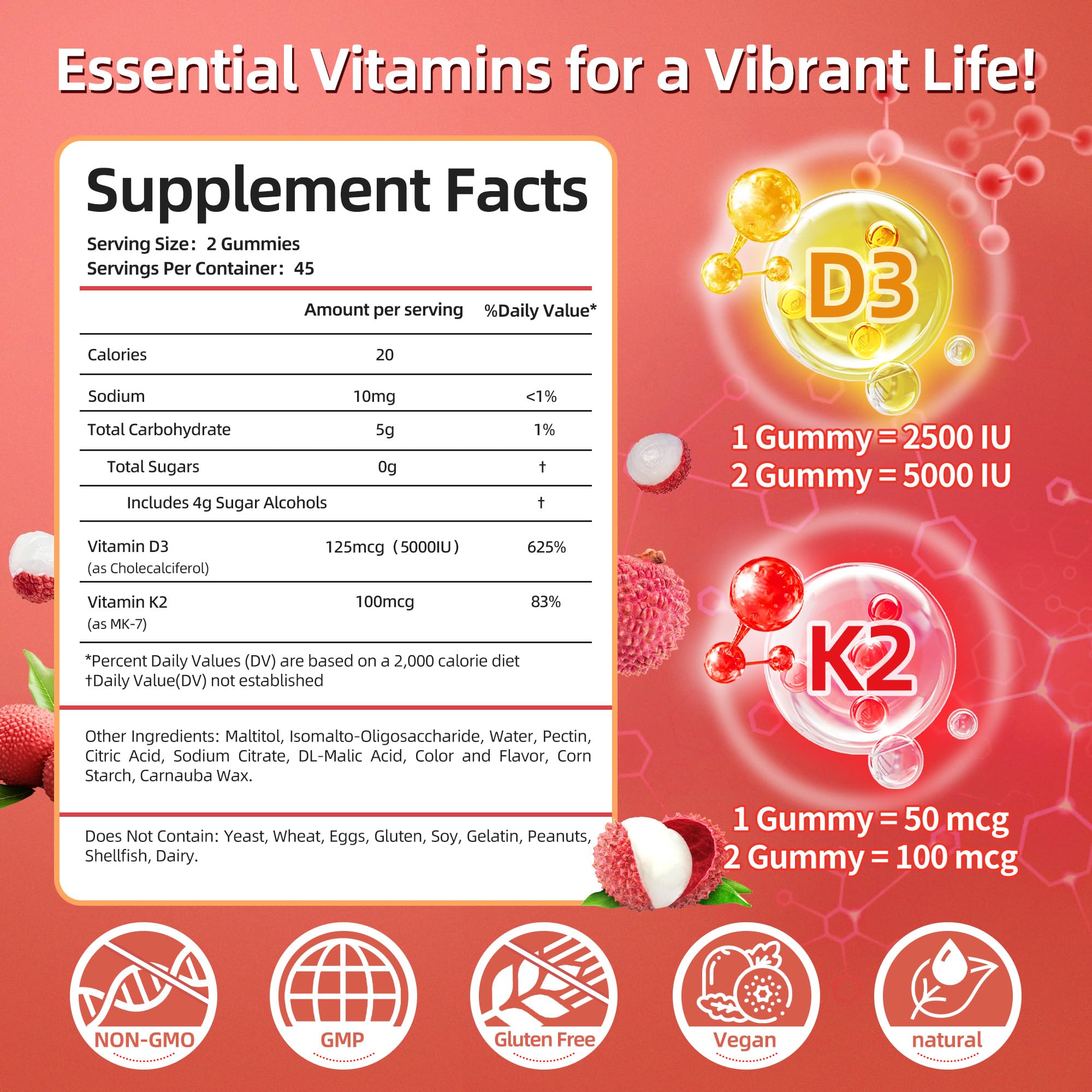 IRIDESICENT Vitamin D3 K2 Gummies Sugar Free - 90 Count | 5,000 IU Vitamin D3 + 100 mcg K2 (MK-7) | Vegan D3 K2 Supplement for Bone & Immune Health Support, Lychee Flavor
