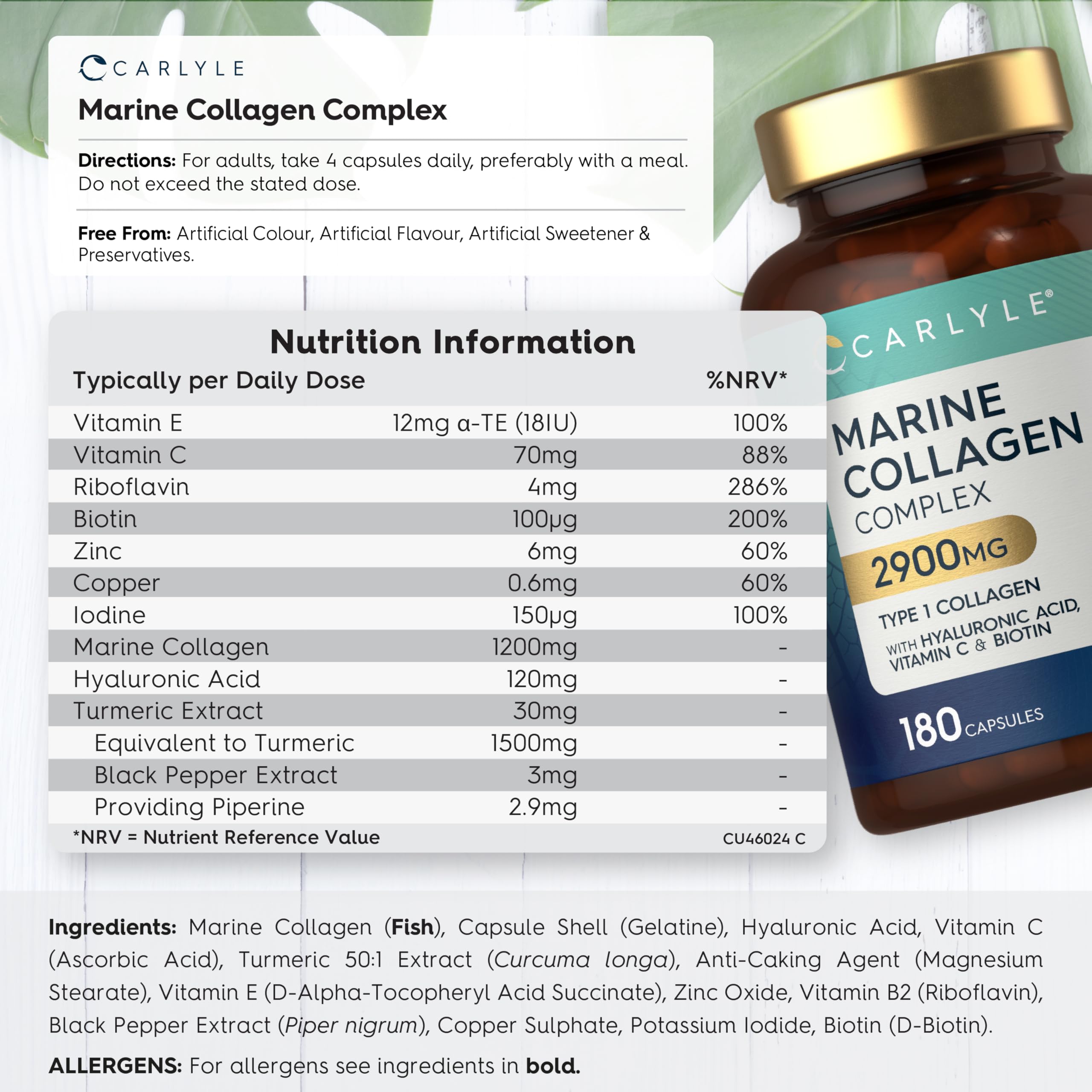 Marine Collagen Capsules 2900mg with Hyaluronic Acid | Type 1 Hydrolysed Peptides | 100% Marine Collagen | with Vitamin C, E, Biotin, Zinc, Turmeric Extract & Black Pepper | 180 Count | by Carlyle