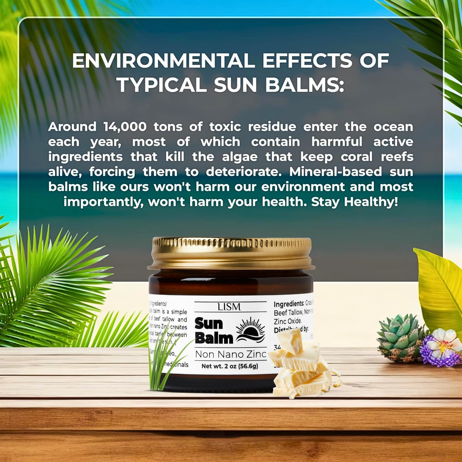 Non Nano Zinc Oxide Sun Balm | Tallow Sunscreen | Non-Toxic Natural Mineral Sunscreen | Grass Fed Beef Tallow Moisturiser & Zinc Sunblock | Non-Greasy Reef Safe Formula for Face & Body | Women & Men