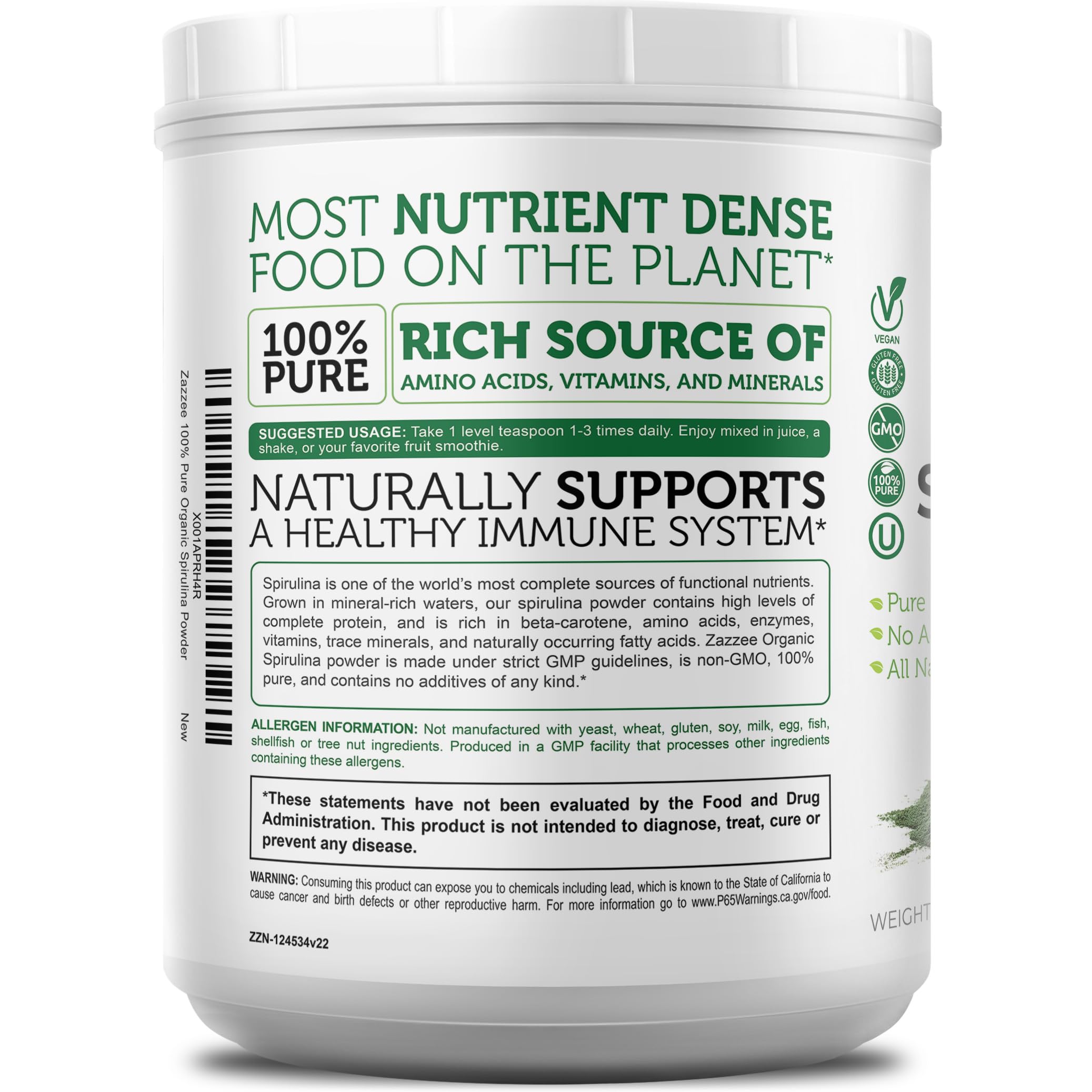 Zazzee USDA Organic Spirulina Powder, 2.2 Pounds (1 KG), 303 Servings, Certified Kosher, 100% Pure, Non-Irradiated, Mess-Free Wide Mouth Container, Fresh Smell and Neutral Taste, Non-GMO, Made in USA
