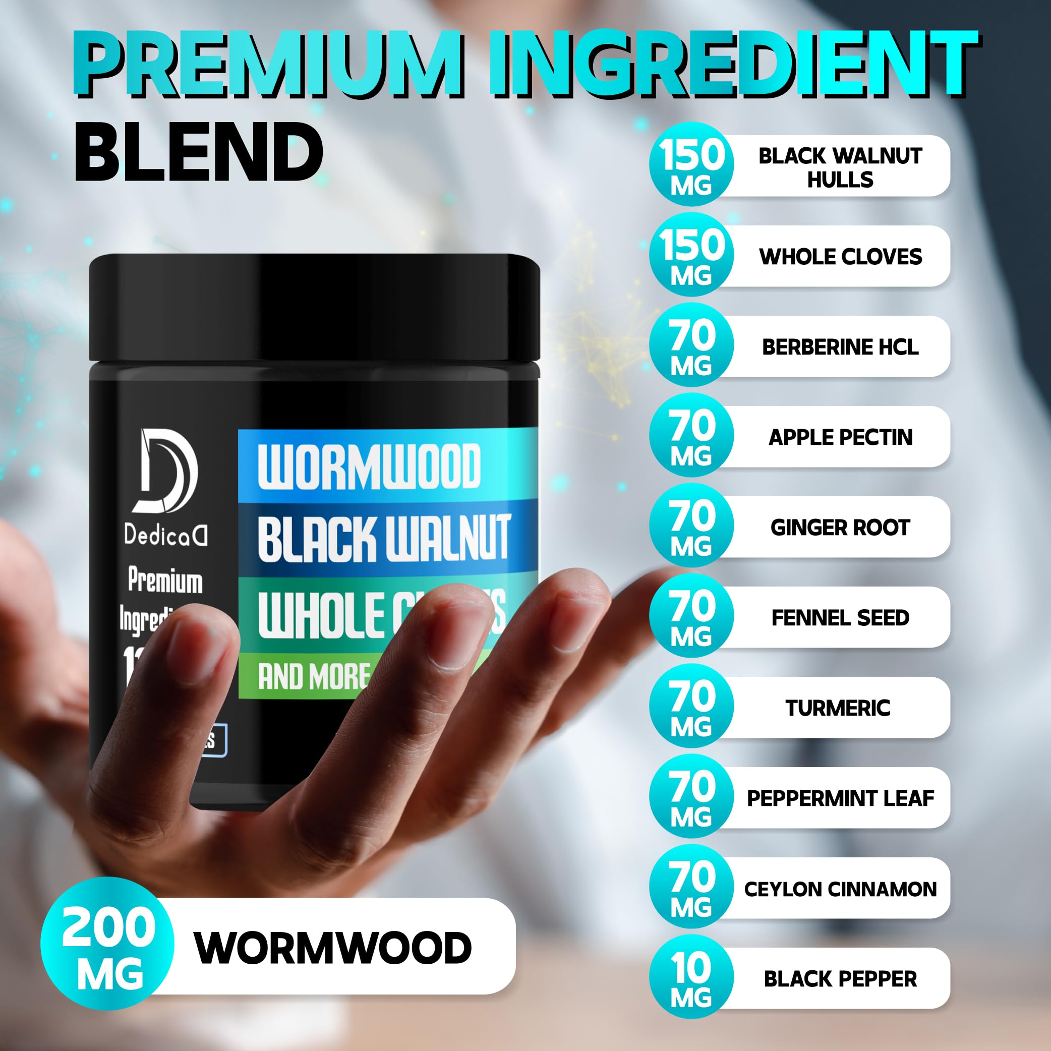 DEDICAD 11in1 Wormwood Capsules - 180 Capsules Extracted from Black Walnut, Cloves, Ginger, Turmeric, Apple, Berberine HCl & More - Support Immune System for 3 Months
