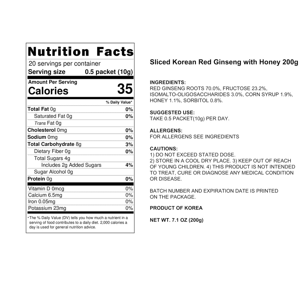 Pocheon 200g(20g x 10) 6Years Sliced Korean Panax Red Ginseng Root with Honey, Natural Immune Support