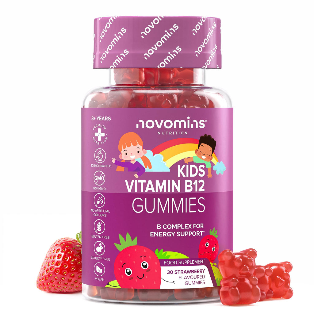 Novomins Kids Vitamin B12 Gummies - Energy & Metabolism Support Supplement - 30 Chewable Childrens B Complex Supplements – Vegan, Non-GMO - Enriched with Vitamin C, B1, B2, B6, Biotin - Made