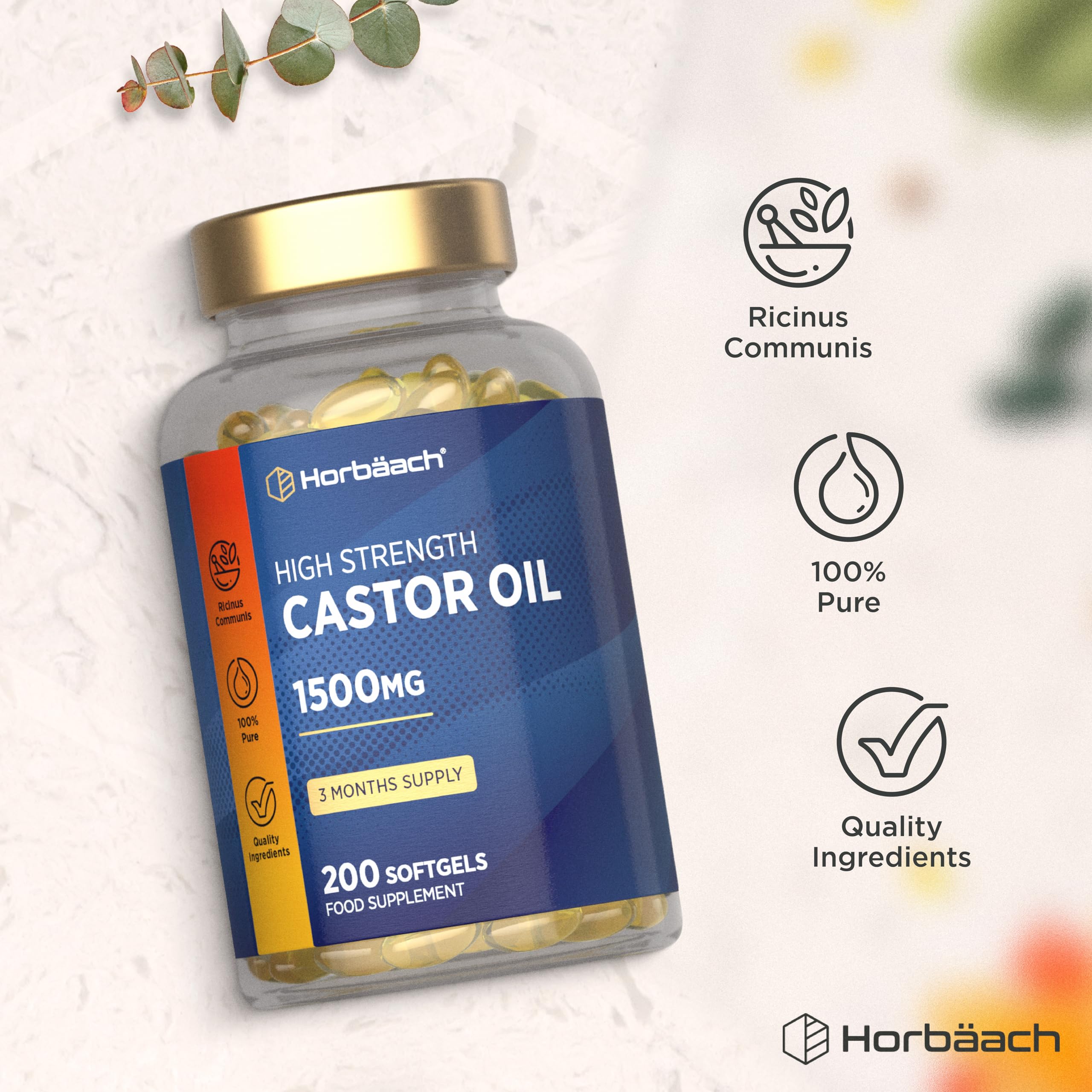 Castor Oil Capsules 1500mg | 200 Softgel Capsules | Digestive Health | Rich in Omega 6 & 9 | Pure Castor Oil Supplement | By Horbaach