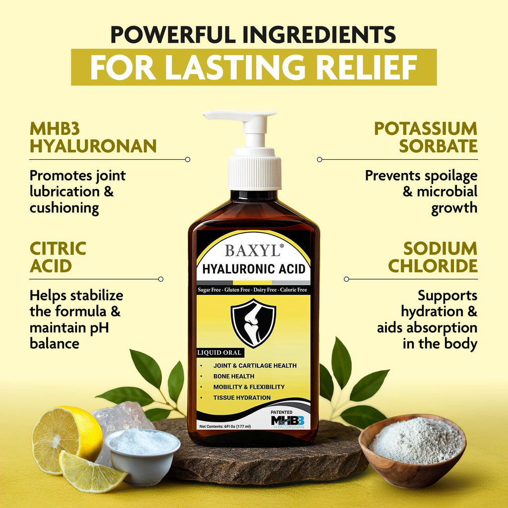 BAXYL Liquid Hyaluronic Acid Supplement for Joint Health - Patented MHB3 Formula for Bone, Skin,Eye Health & to Restore Cartilage - Vegan, Gluten-Free, Non-GMO for Comfort - 30-Day Supply